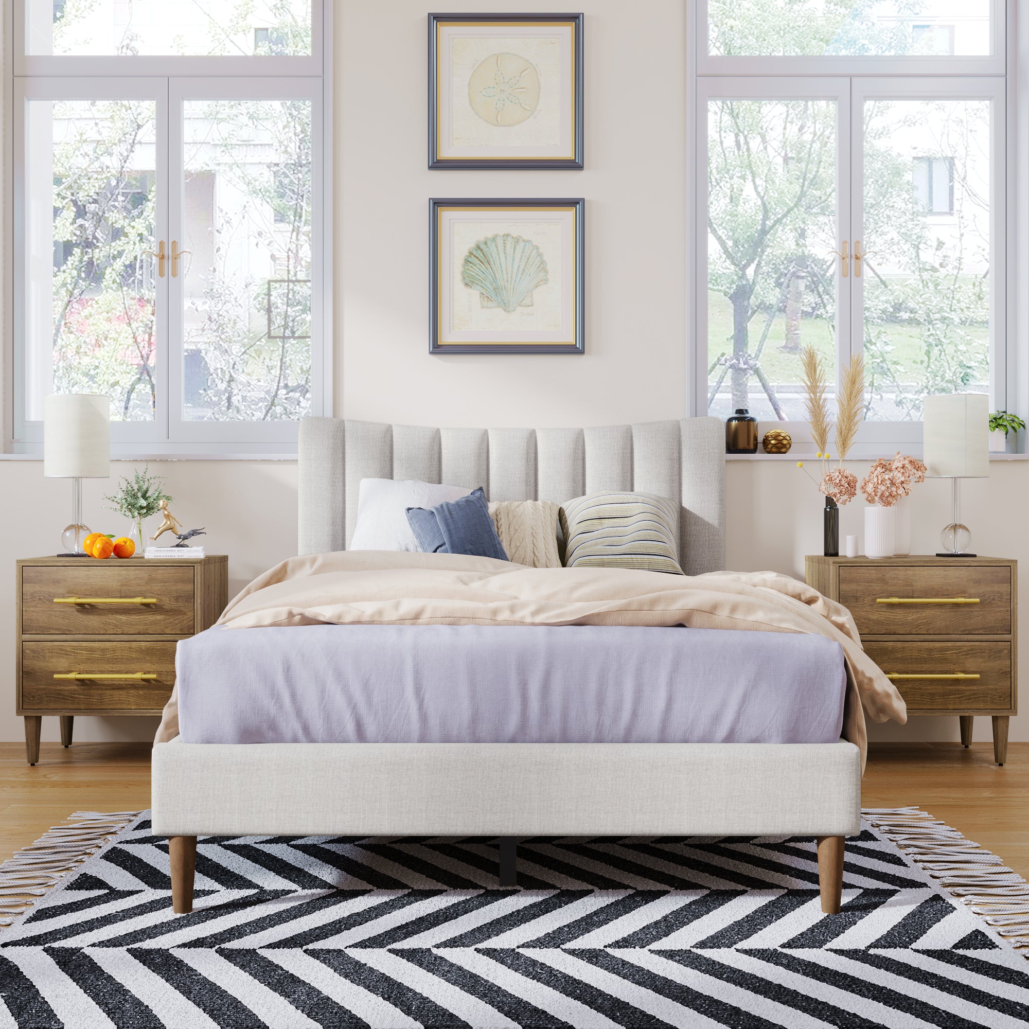 Upholstered Platform Bed Frame With Vertical Channel Tufted Headboard, No Box Spring Needed, Full, Cream Cream Linen