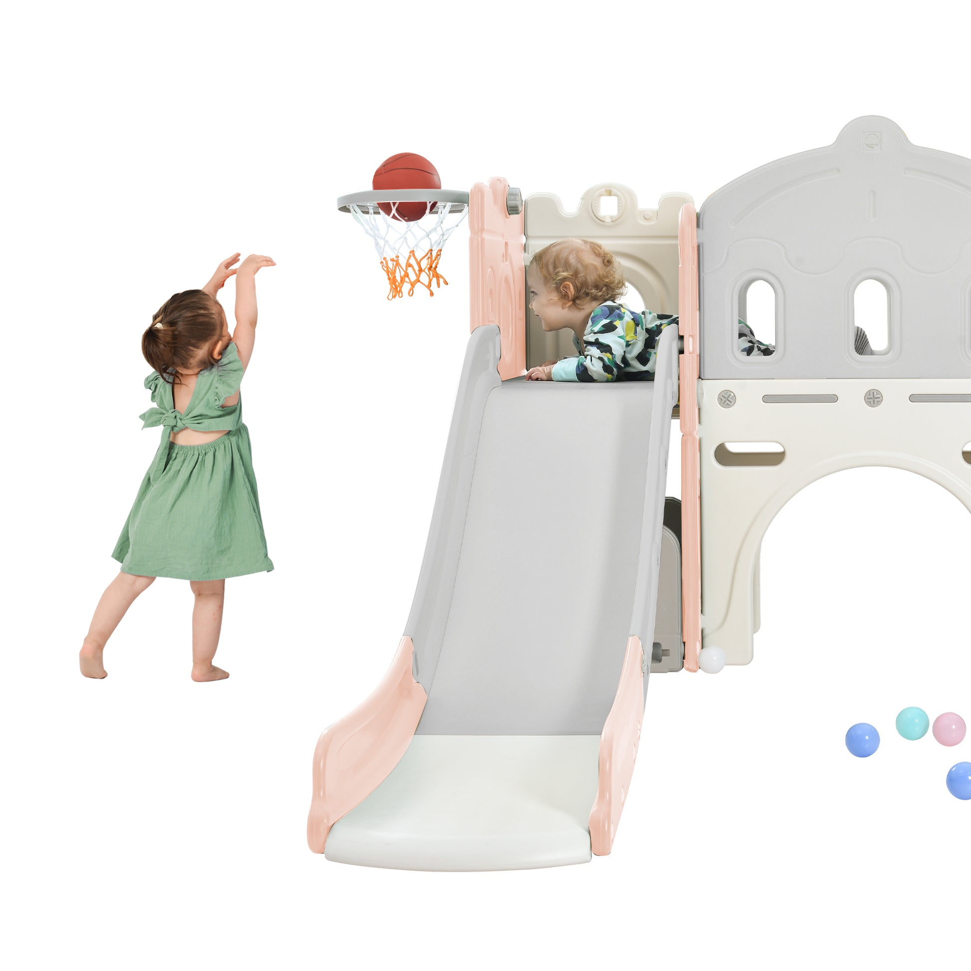 Kids Slide Playset Structure, Freestanding Castle Climber With Slide And Basketball Hoop, Toy Storage Organizer For Toddlers, Kids Climbers Playhouse For Indoor Outdoor Playground Activity Pink Hdpe