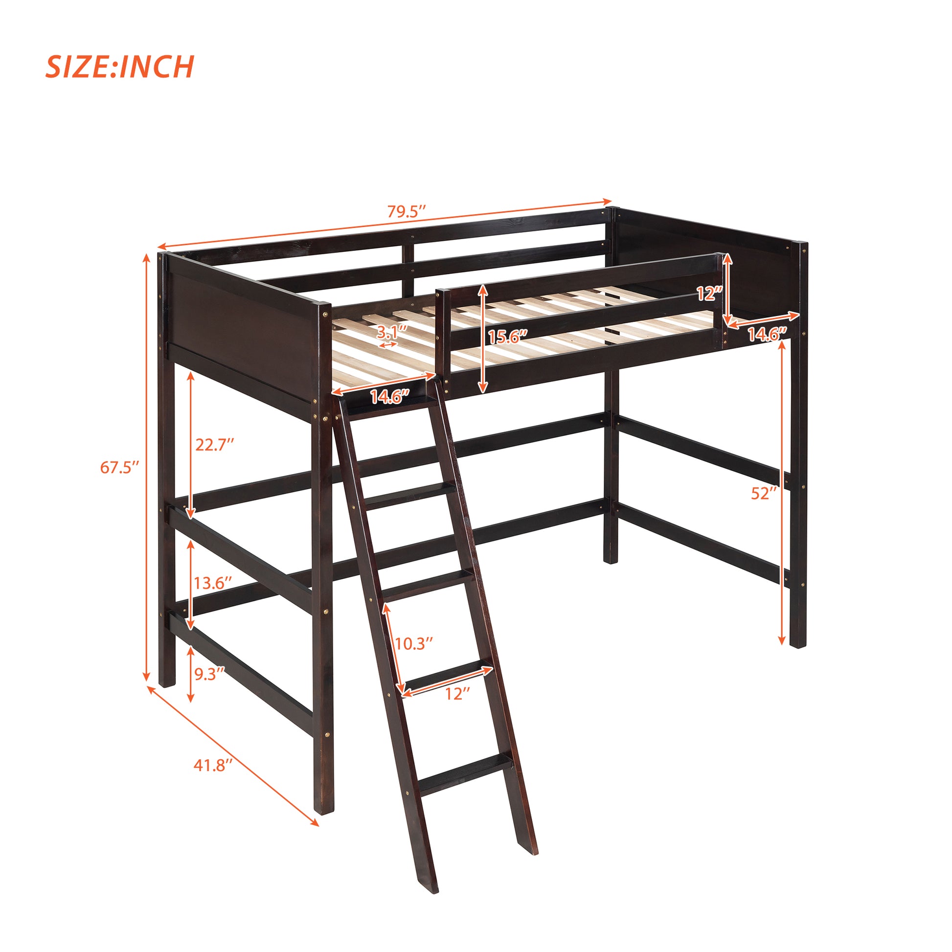 Solid Wood Twin Size Loft Bed With Ladder Espresso Old Sku: Wf191903Aap Espresso Solid Wood