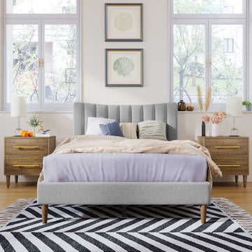 Upholstered Platform Bed Frame With Vertical Channel Tufted Headboard, No Box Spring Needed, Full,Gray Gray Linen