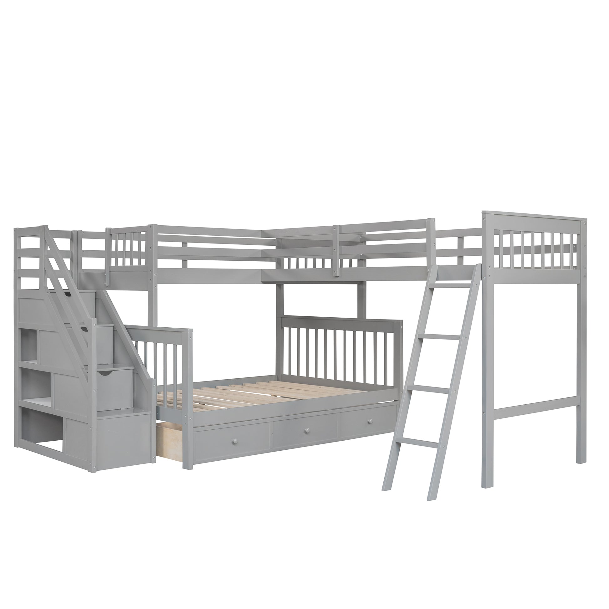 Twin Over Full L Shaped Bunk Bed With 3 Drawers, Ladder And Staircase Gray Gray Solid Wood