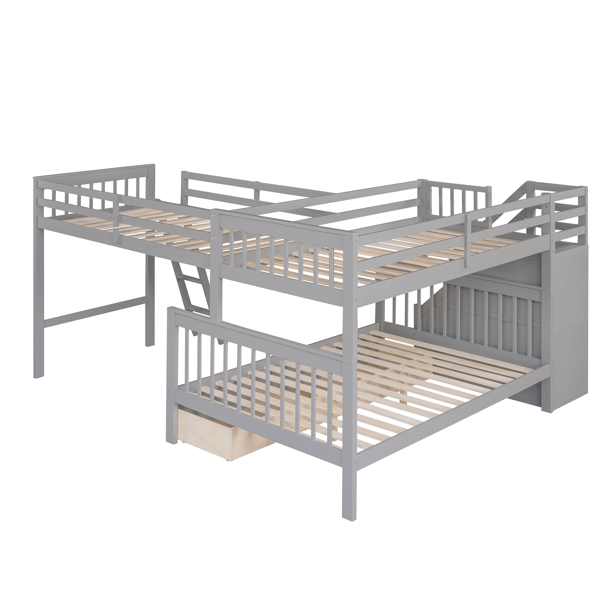 Twin Over Full L Shaped Bunk Bed With 3 Drawers, Ladder And Staircase Gray Gray Solid Wood