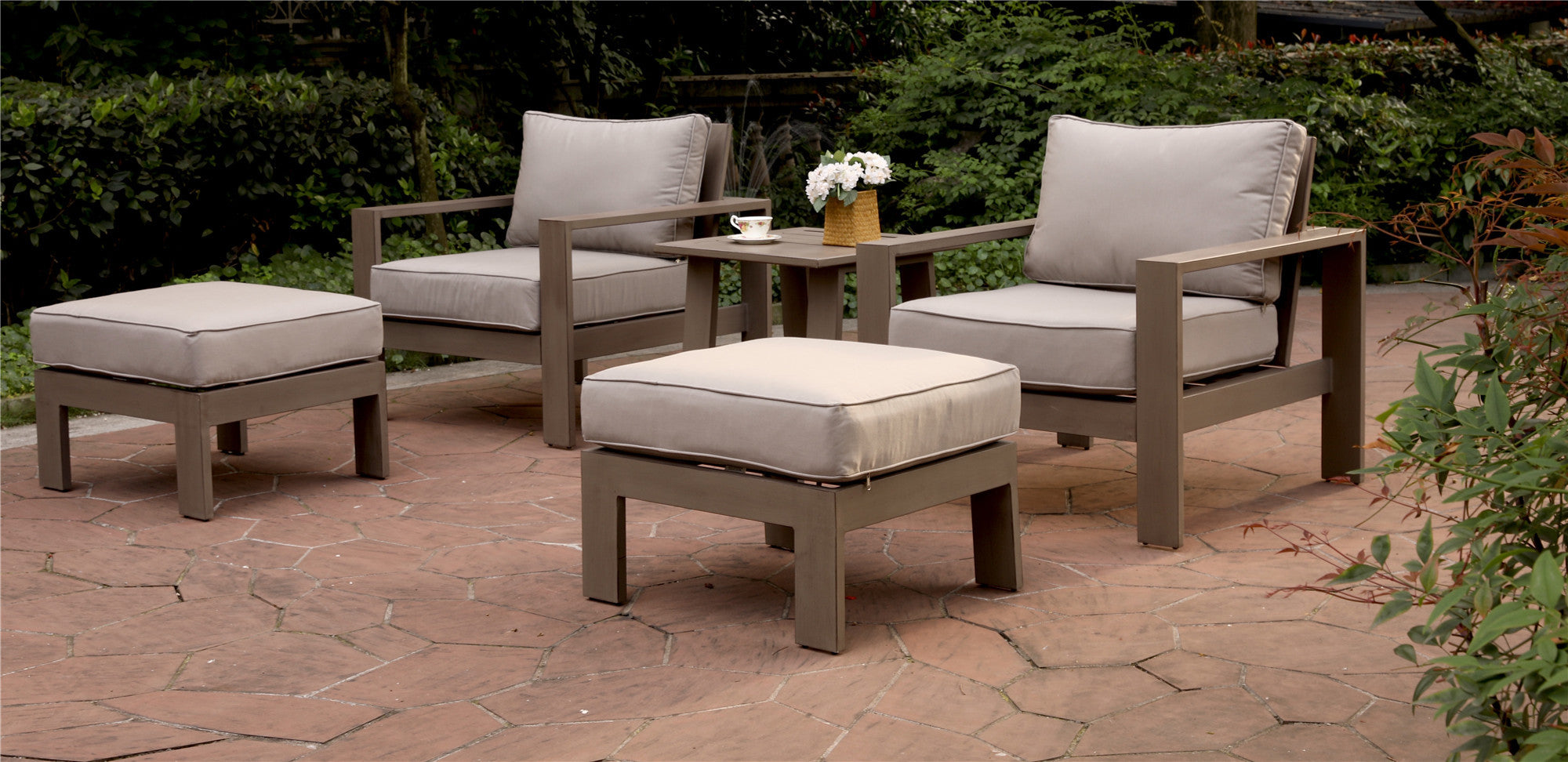 5 Piece Seating Group With Cushions, Wood Grained Pewter Polyester Aluminum