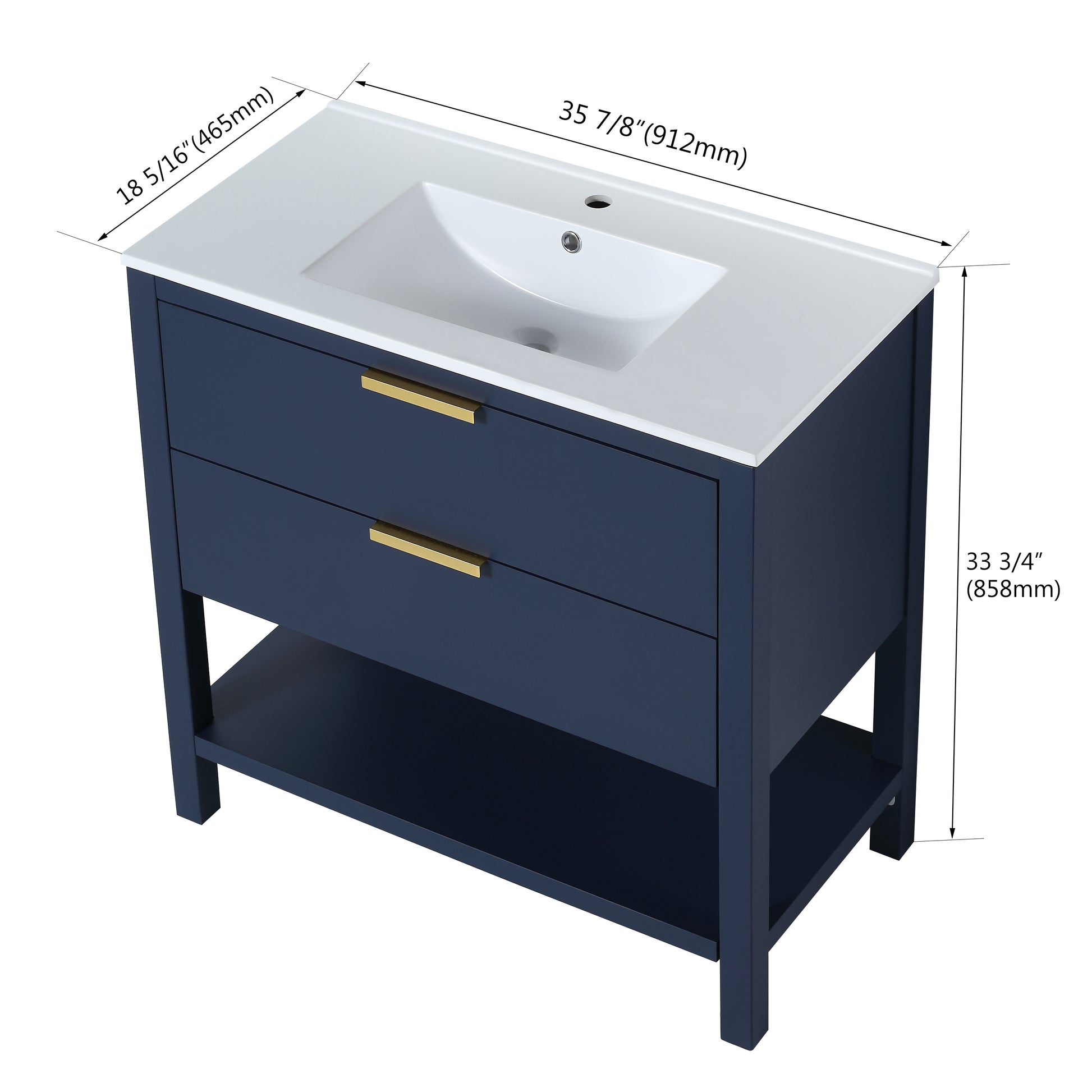 36 Inch Freestanding Bathroom Vanity Plywood With 2 Drawers,36X18 2 Navy Blue 1 Bathroom Freestanding Modern Plywood