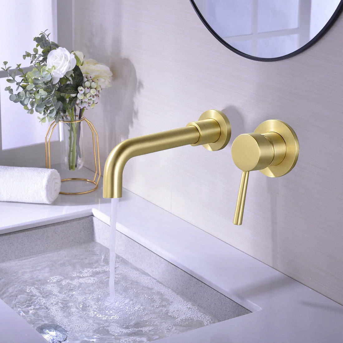 Wall Mount Single Handle Bathroom Faucet Brushed Gold Brushed Gold Brass