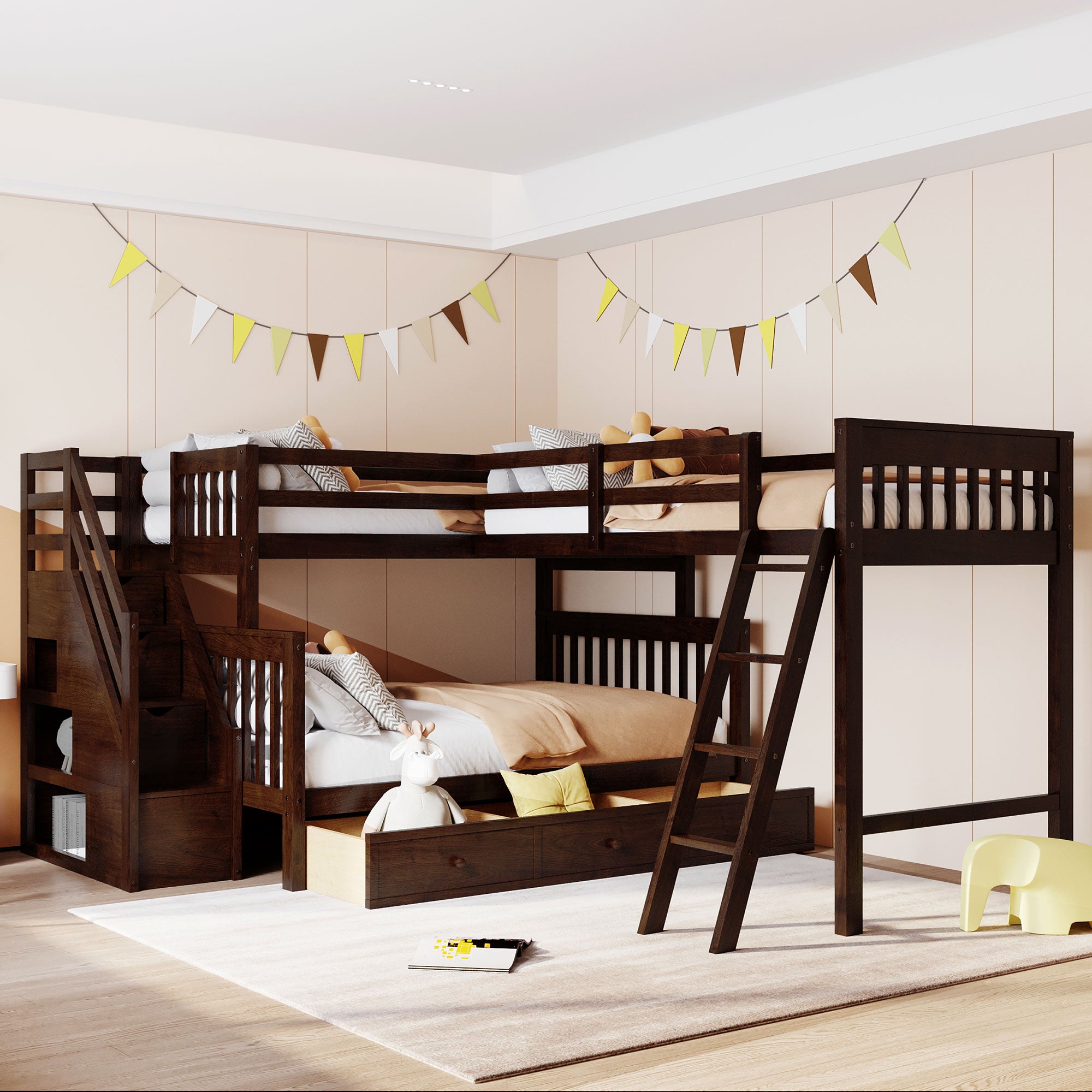 Twin Over Full L Shaped Bunk Bed With 3 Drawers, Ladder And Staircase Espresso Espresso Solid Wood