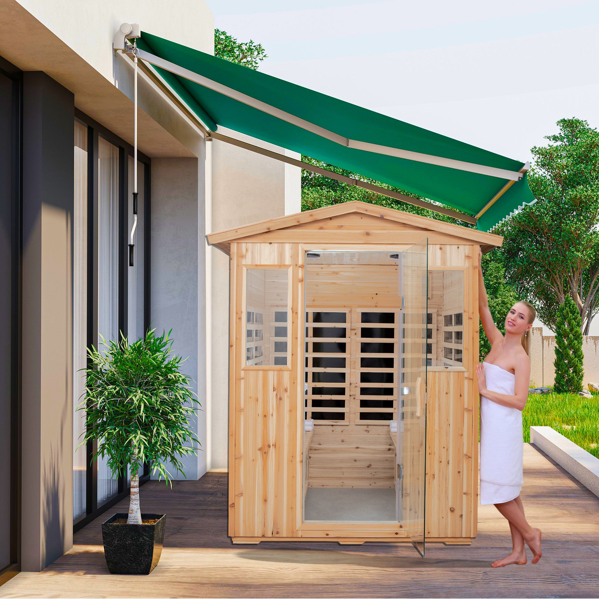 Four Person Old Fir Far Infrared Outdoor Sauna Room Natural Wood Wood Stainless Steel Glass