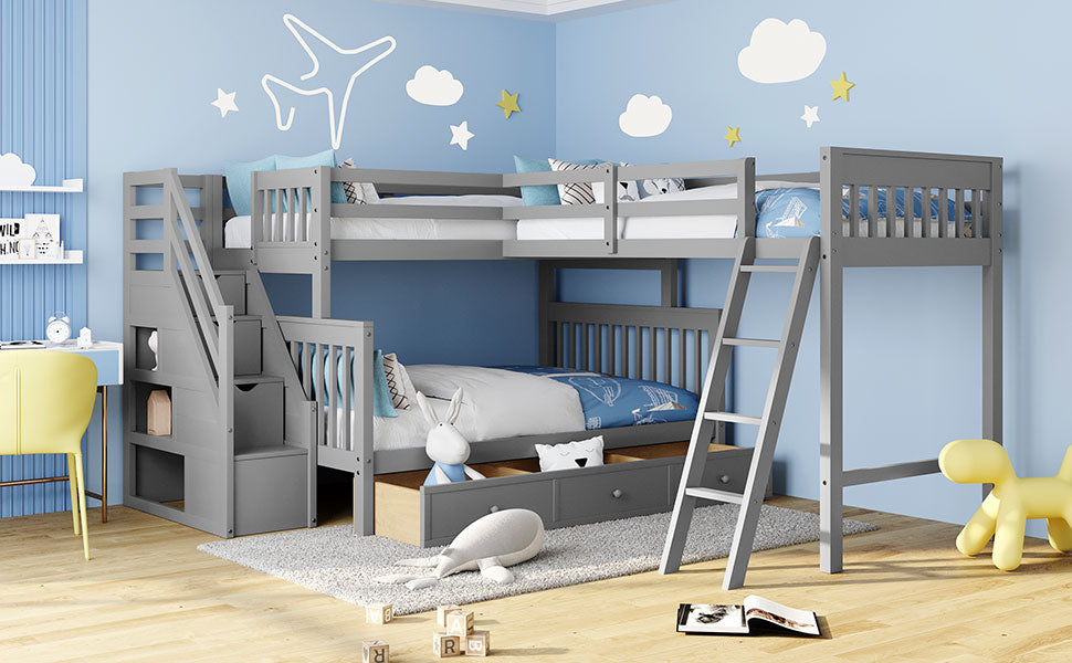 Twin Over Full L Shaped Bunk Bed With 3 Drawers, Ladder And Staircase Gray Gray Solid Wood