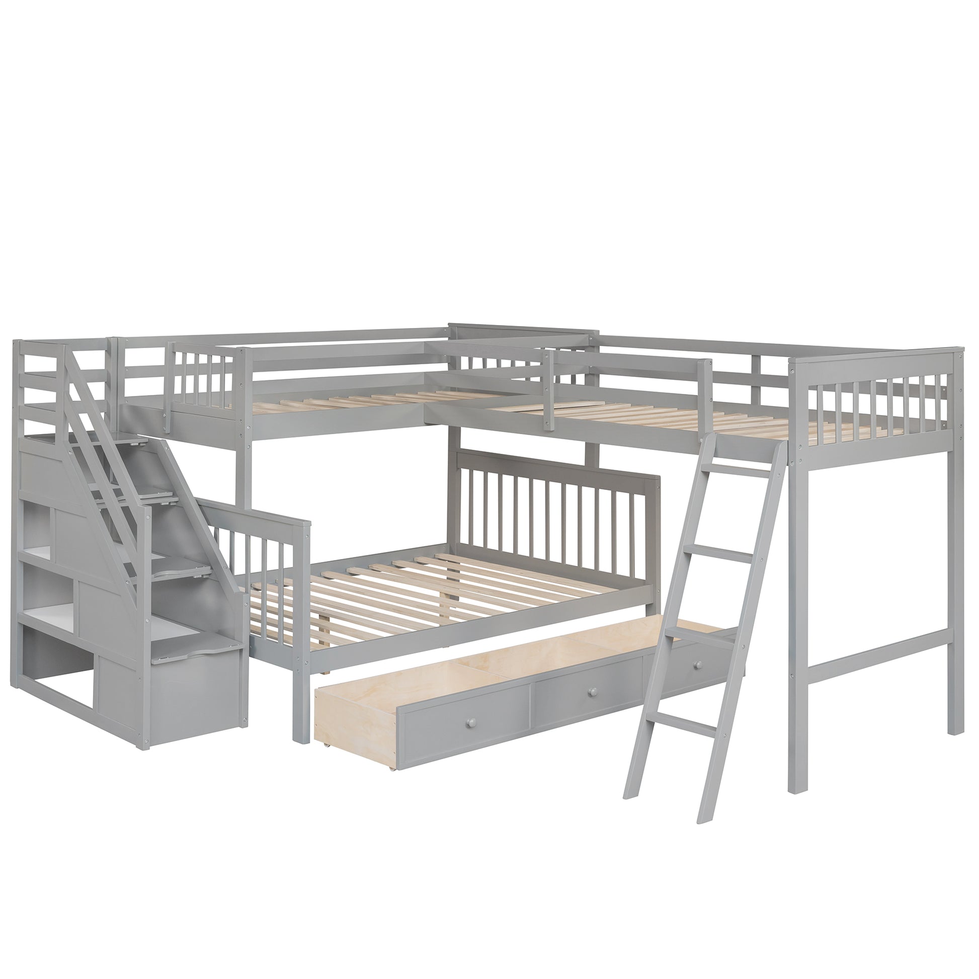 Twin Over Full L Shaped Bunk Bed With 3 Drawers, Ladder And Staircase Gray Gray Solid Wood