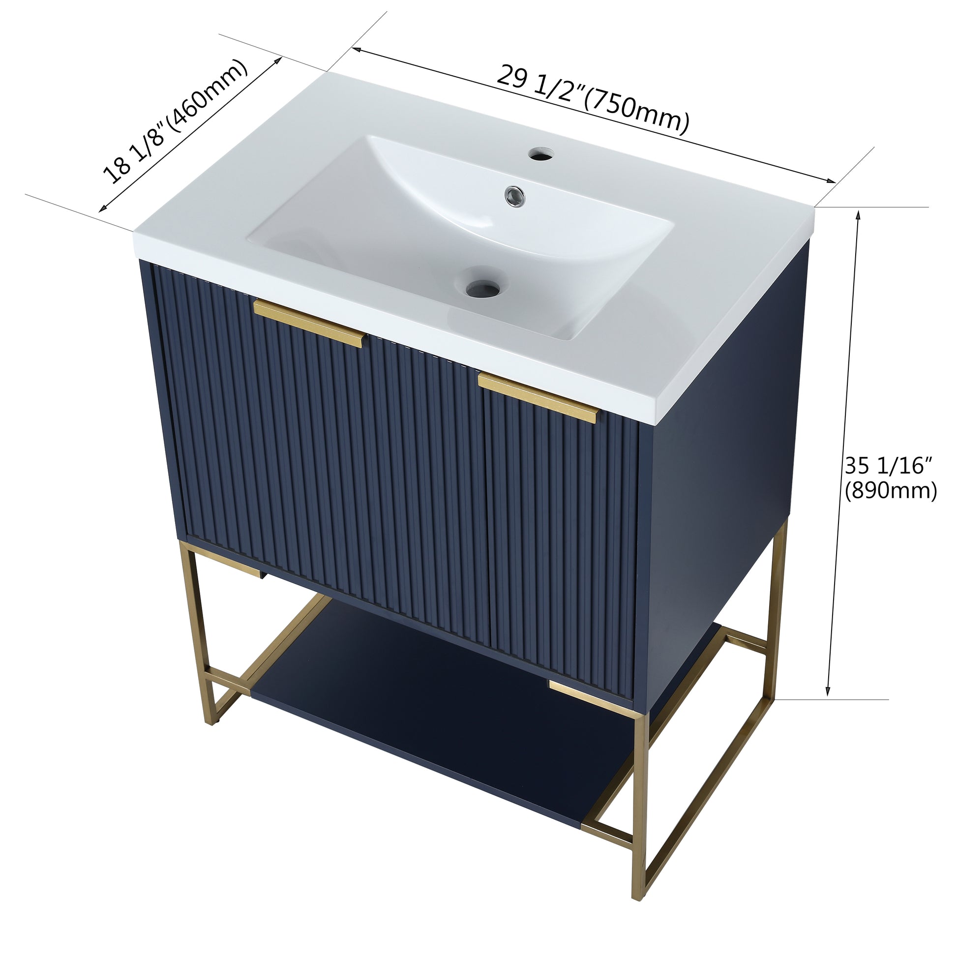 30 Inch Freestanding Bathroom Vanity With Resin Basin,30X18 Bva 01130Nb 1 1 Navy Blue 1 1 Soft Close Doors Bathroom Freestanding Modern Plywood Plywood