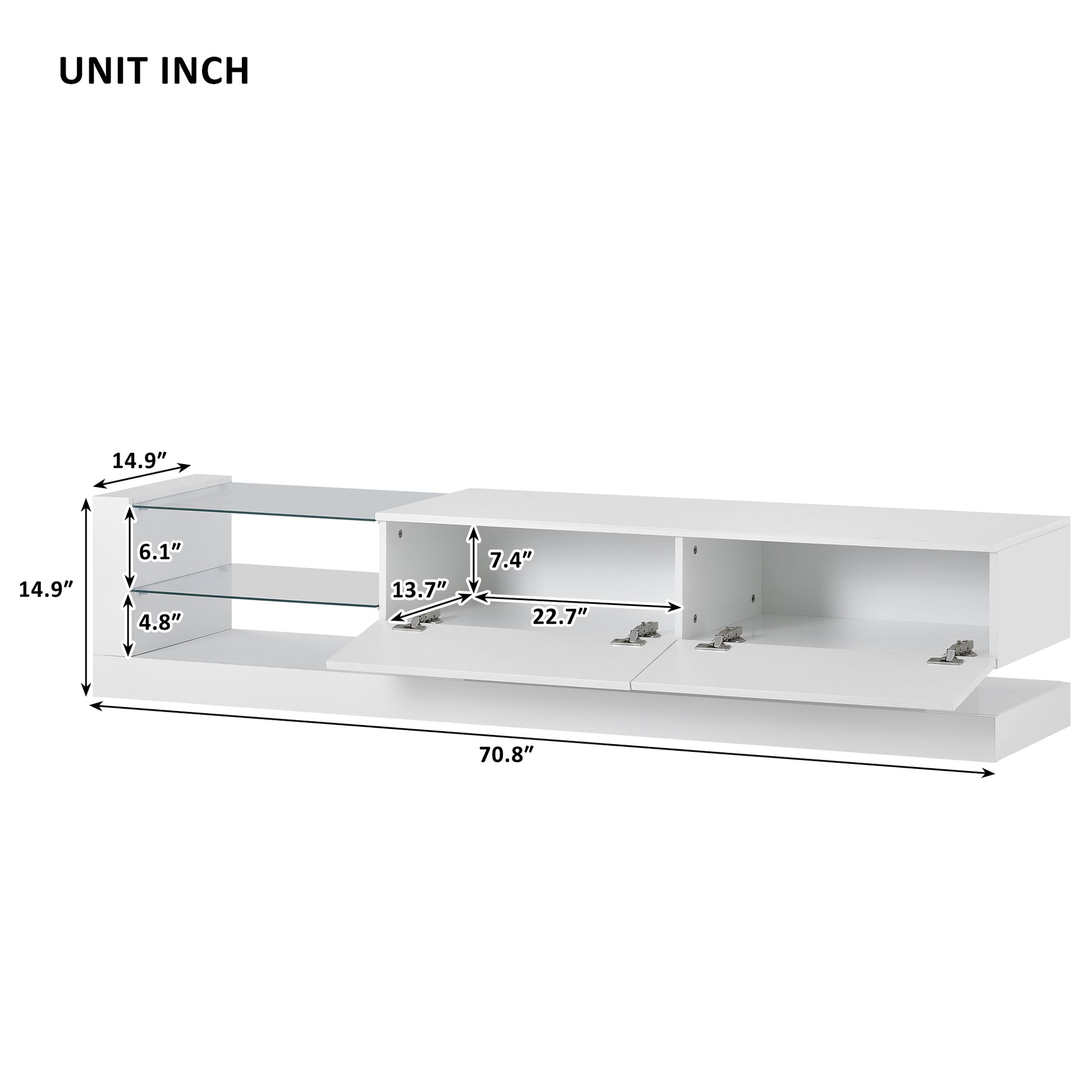 Tv Stand With Two Media Storage Cabinets Modern High Gloss Entertainment Center For 75 Inch Tv, 16 Color Rgb Led Color Changing Lights For Living Room, White White Mdf