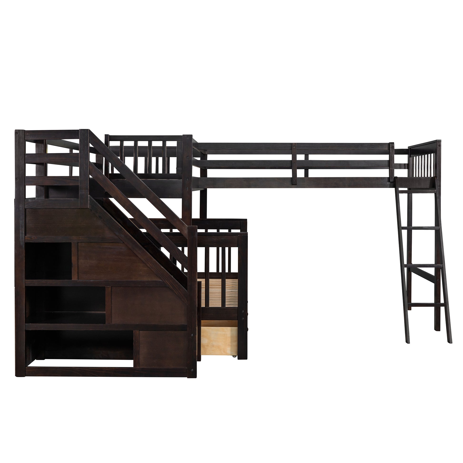 Twin Over Full L Shaped Bunk Bed With 3 Drawers, Ladder And Staircase Espresso Espresso Solid Wood