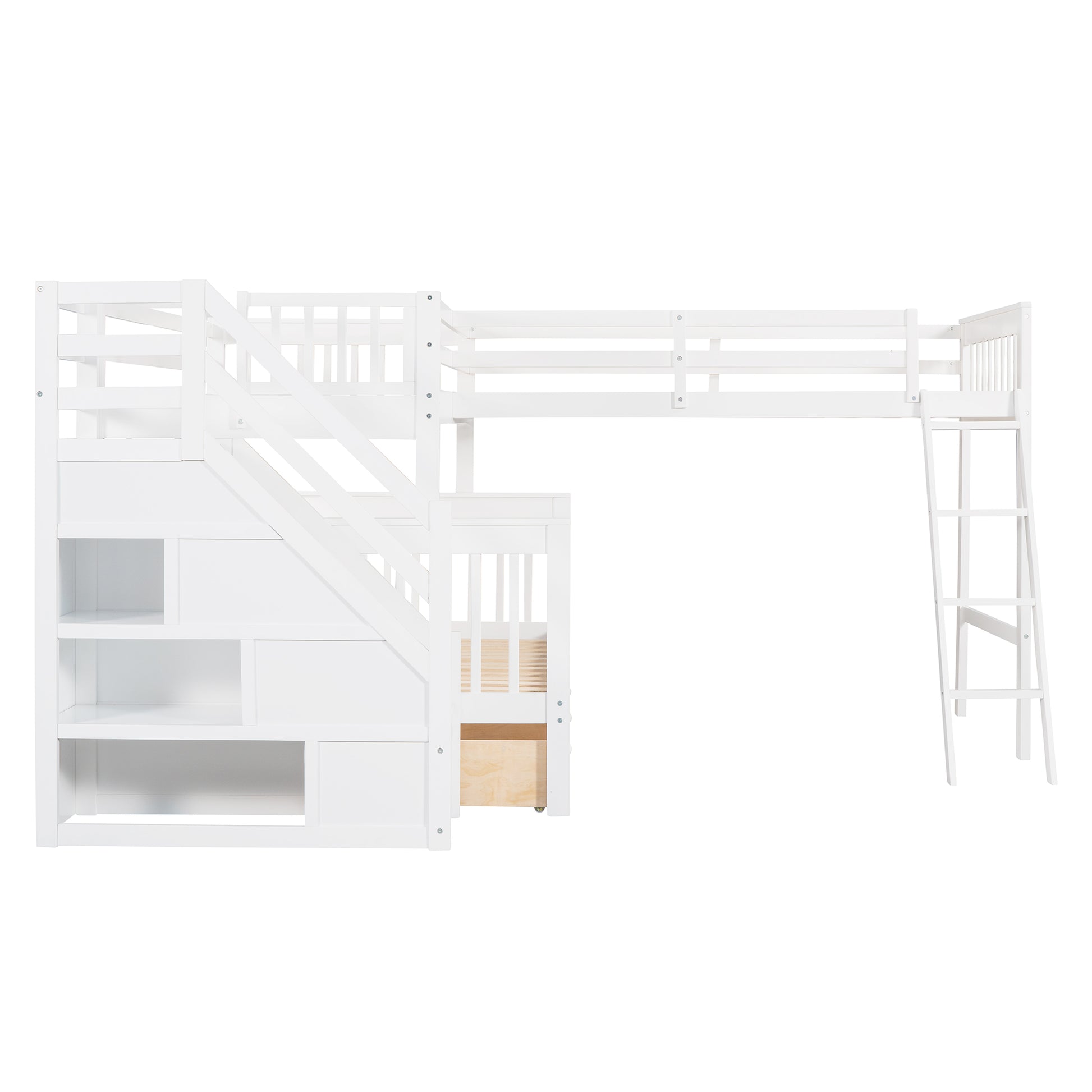 Twin Over Full L Shaped Bunk Bed With 3 Drawers, Ladder And Staircase White White Solid Wood