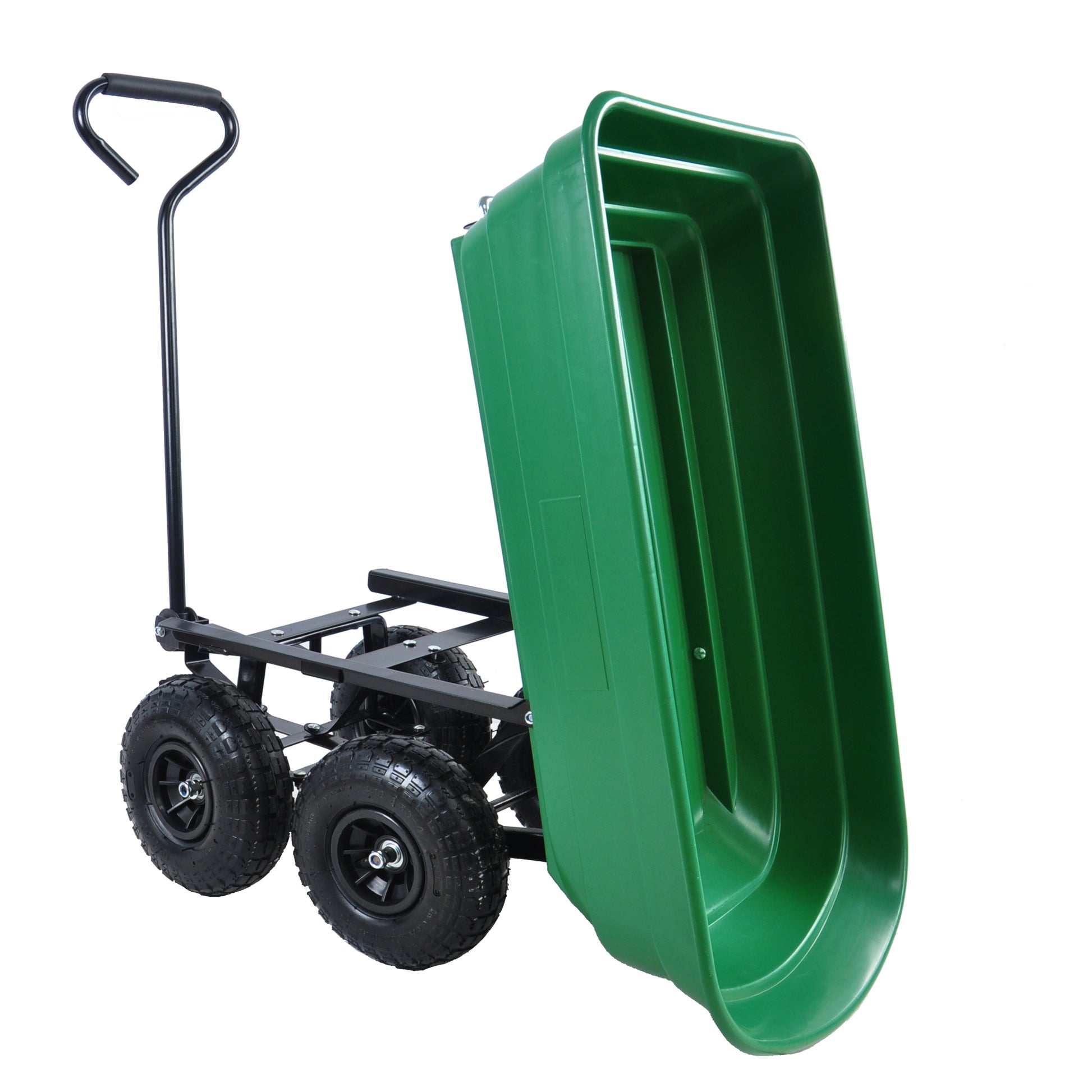 Folding Car Poly Garden Dump Truck With Steel Frame, 10 Inches. Pneumatic Tire, 300 Pound Capacity, 75 Liter Truck Body Grass Green Metal