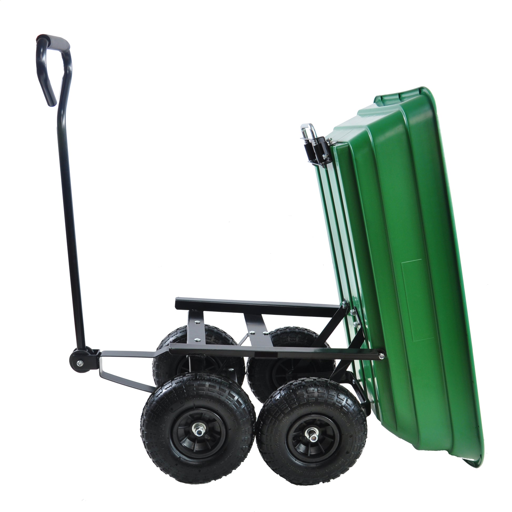 Folding Car Poly Garden Dump Truck With Steel Frame, 10 Inches. Pneumatic Tire, 300 Pound Capacity, 75 Liter Truck Body Grass Green Metal