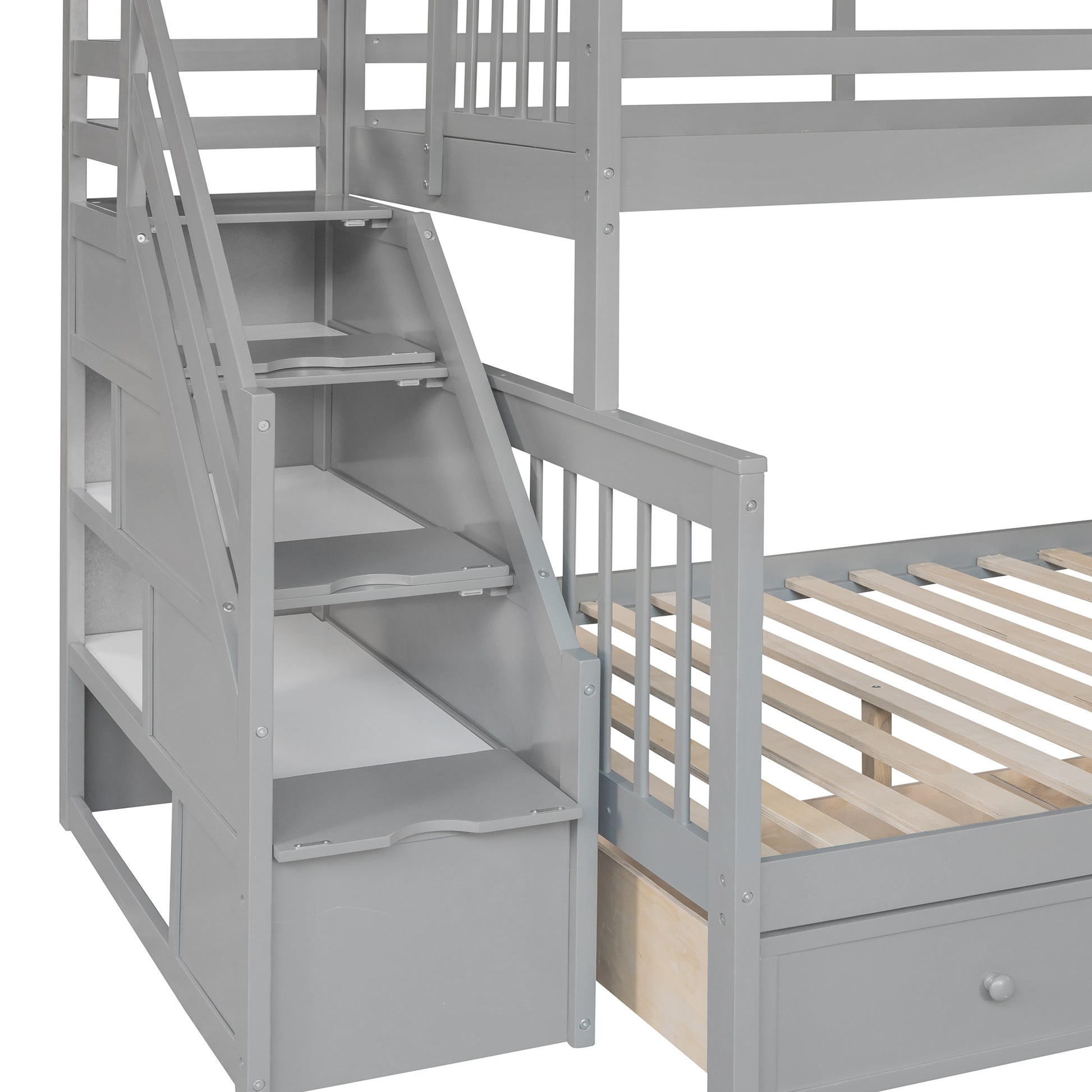 Twin Over Full L Shaped Bunk Bed With 3 Drawers, Ladder And Staircase Gray Gray Solid Wood