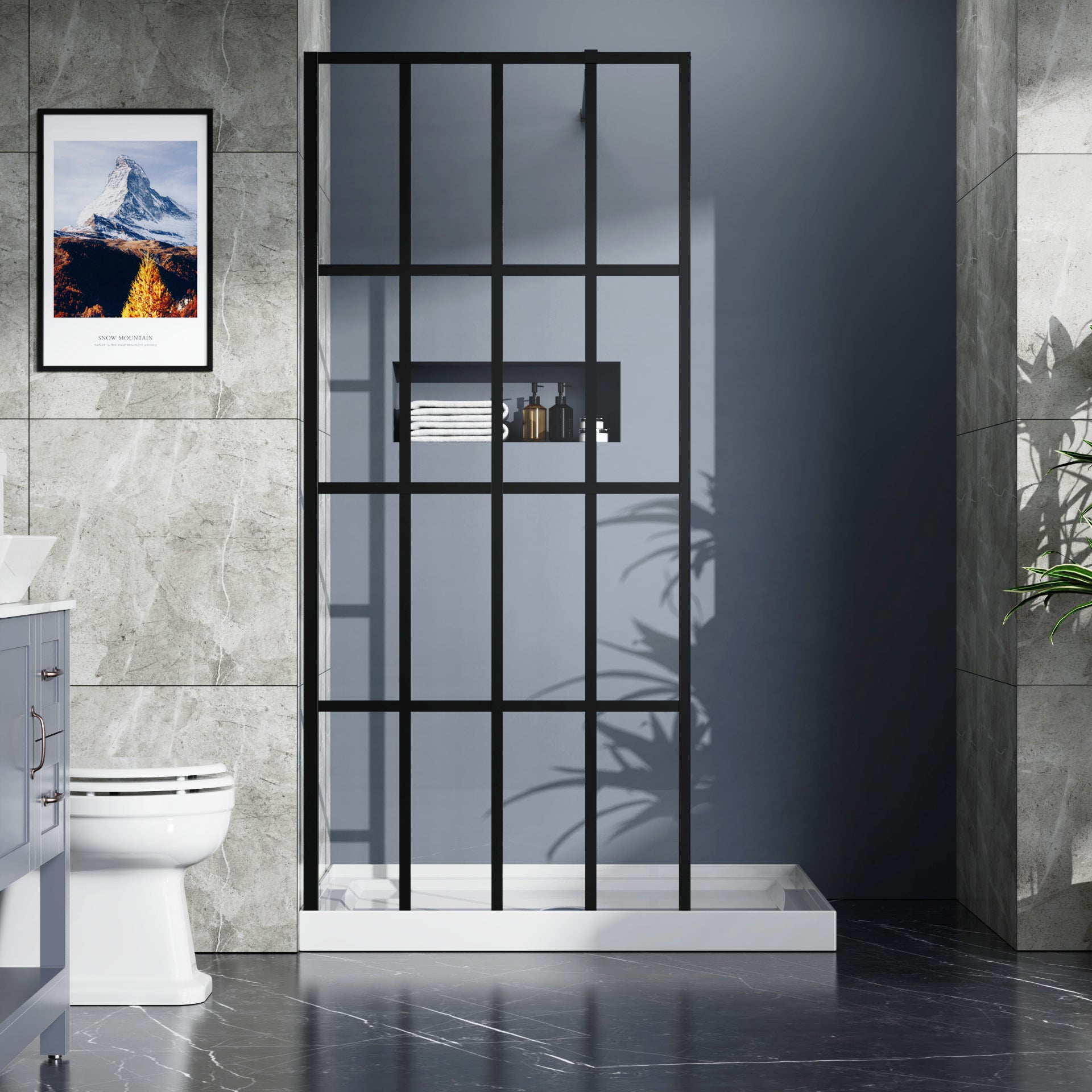 Goodyo 34" X 72" Shower Door Walk In Black Finish Black Glass