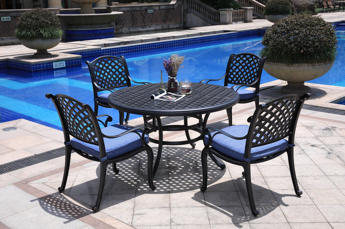 Round 4 Person 51.97" Long Dining Set With Cushions, Navy Blue Antique Navy Blue Polyester Aluminum