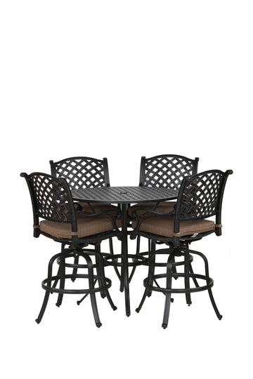 Round 4 Person 42" Long Aluminum Bar Height Dining Set With Cushions, Dupione Brown Antique Brown Polyester Aluminum