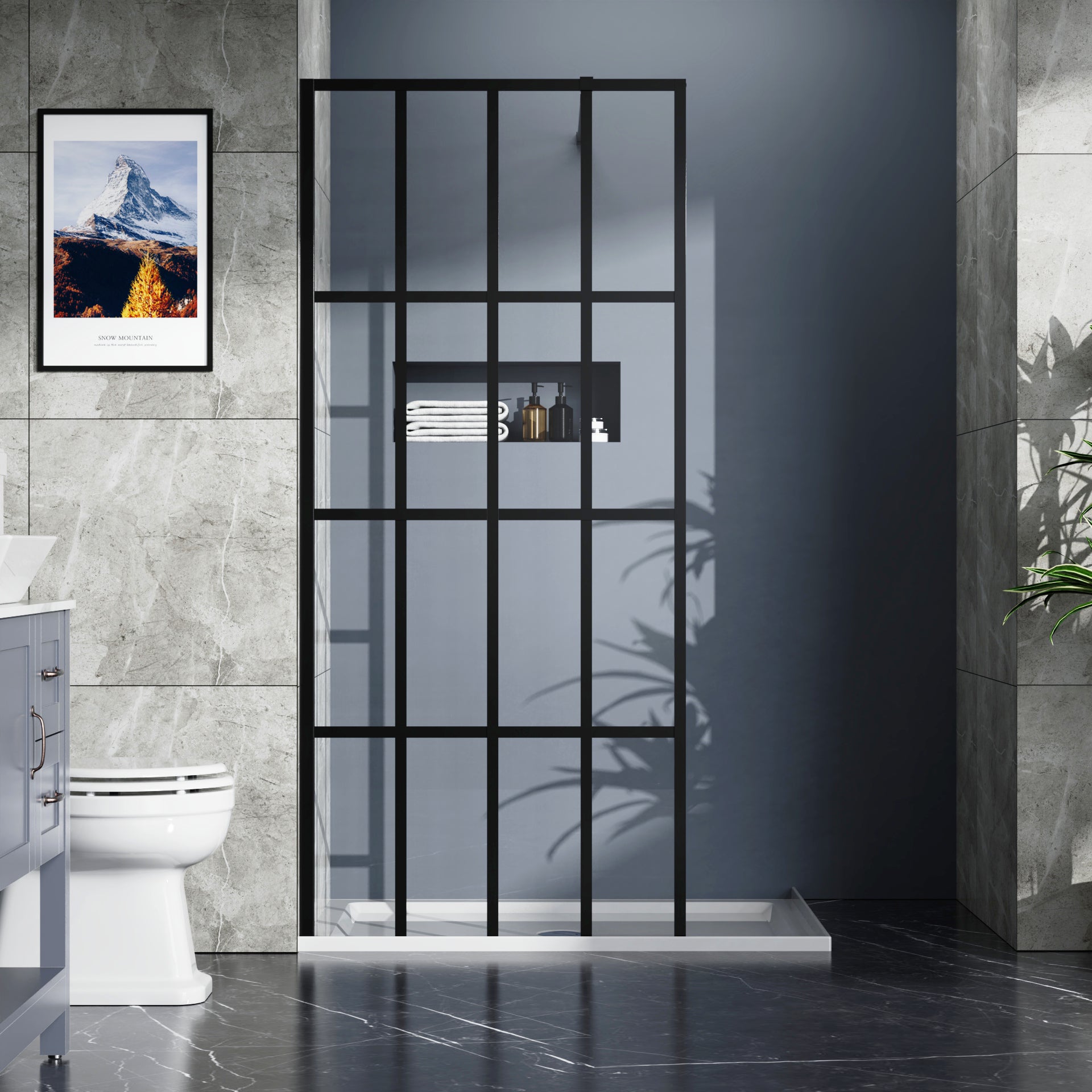 Goodyo 34" X 72" Shower Door Walk In Black Finish Black Glass