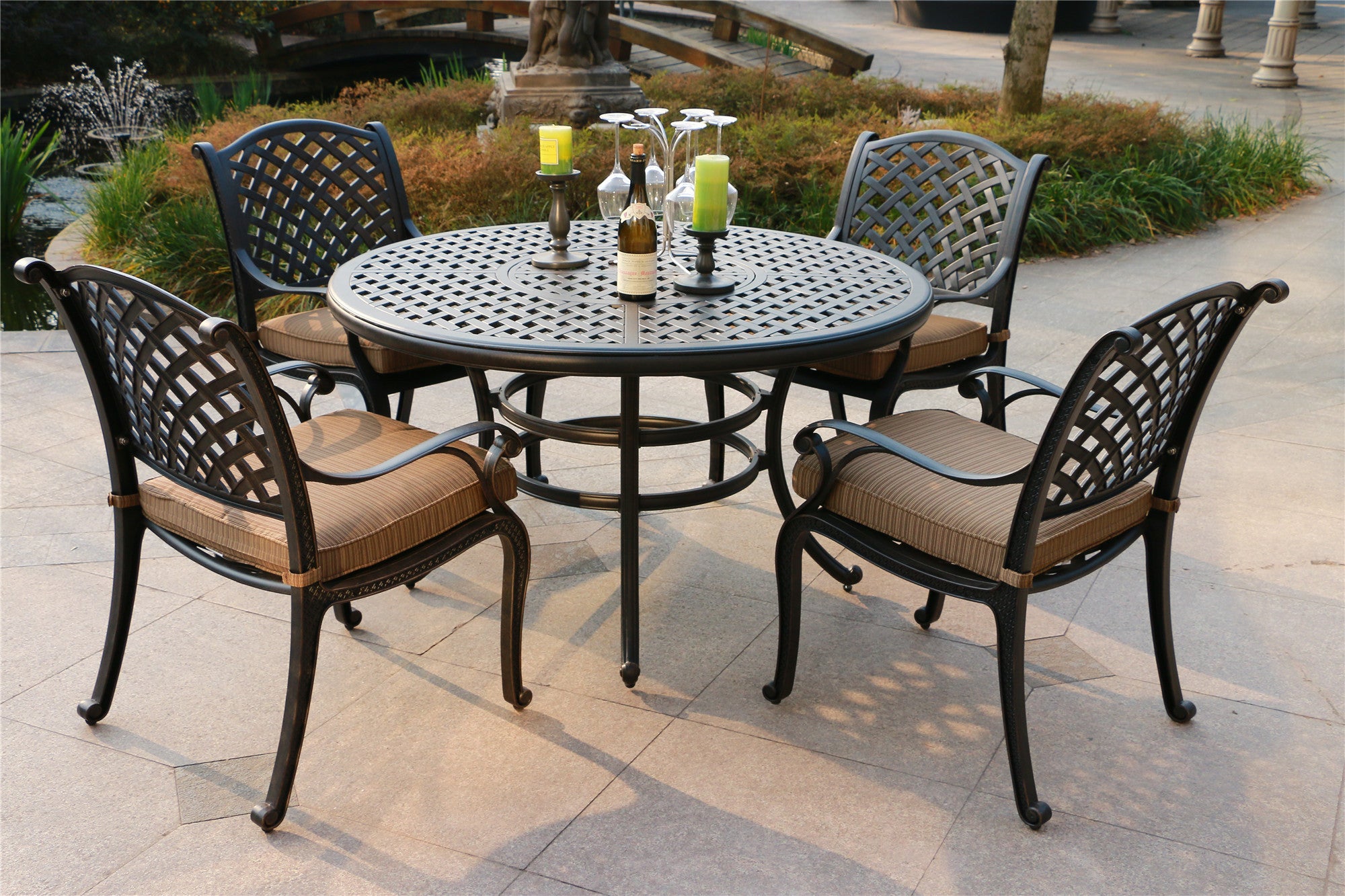 Round 4 Person 51.97" Long Dining Set With Cushions, Dupione Brown Antique Brown Polyester Aluminum