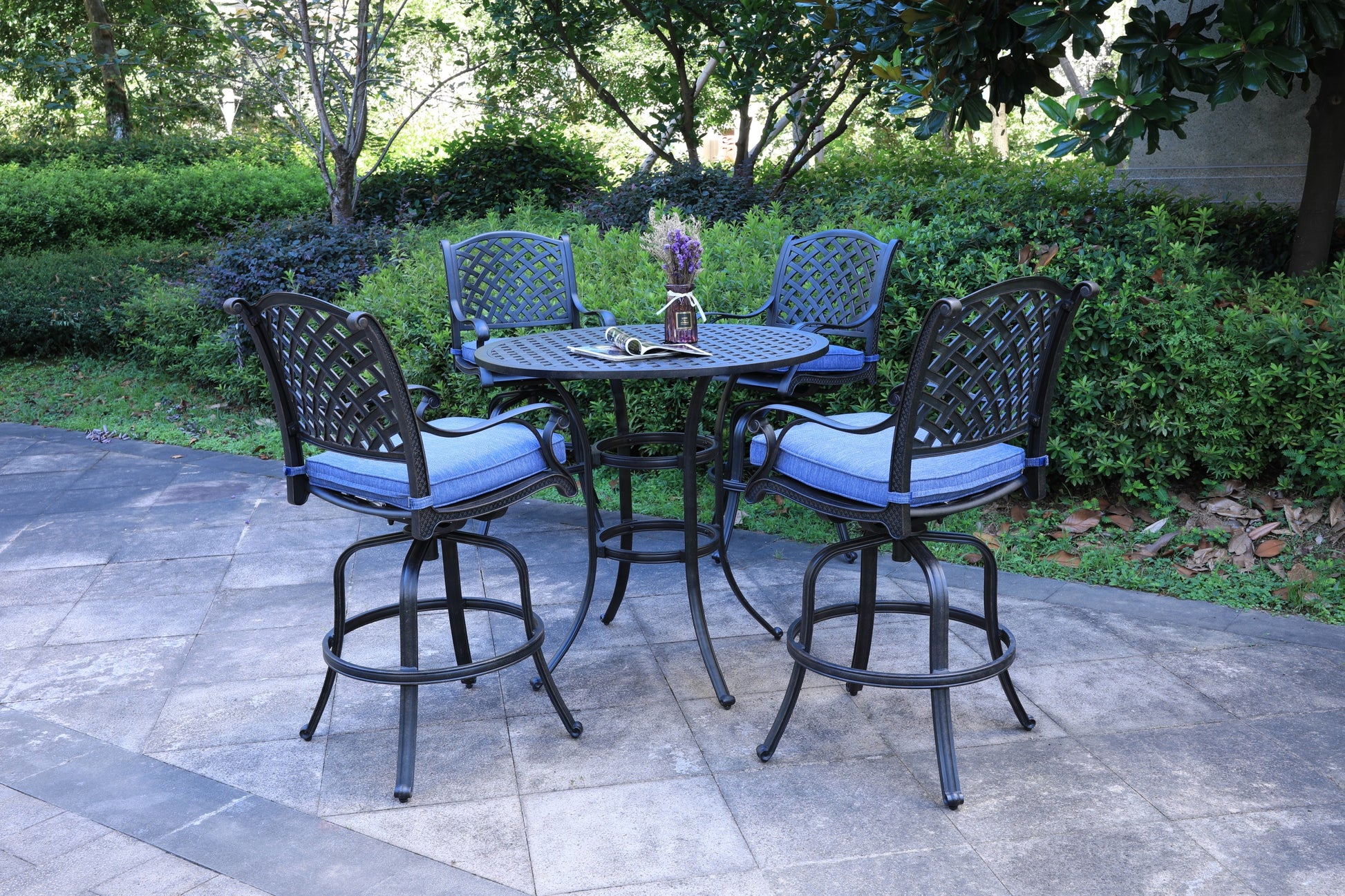 Round 4 Person 42" Long Aluminum Bar Height Dining Set With Cushions, Navy Blue Antique Navy Blue Polyester Aluminum