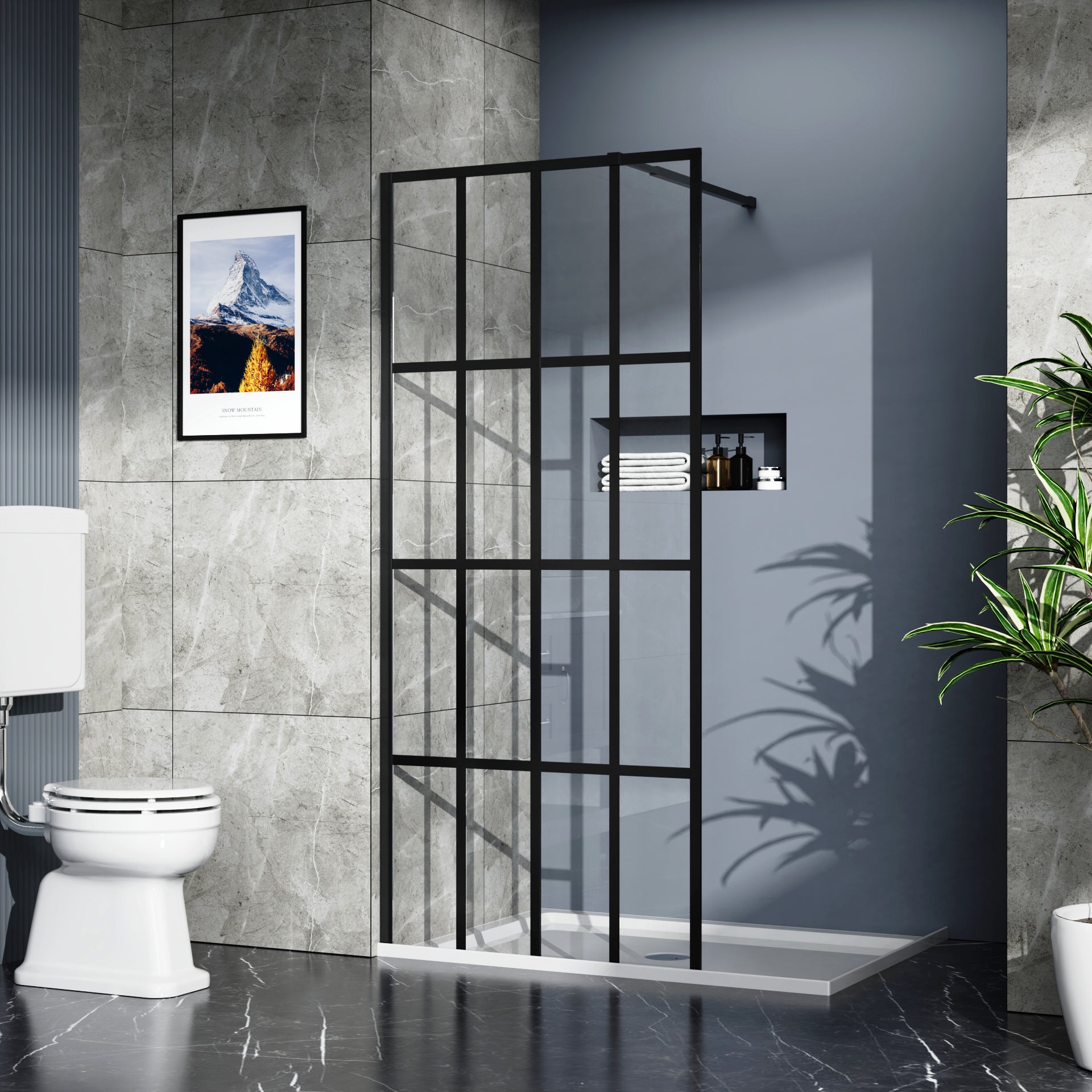 Goodyo 34" X 72" Shower Door Walk In Black Finish Black Glass