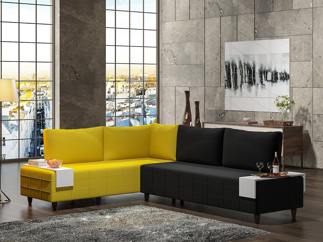 Inferno Sectional, Black Yellow Black Foam Solid Wood 7 Seat