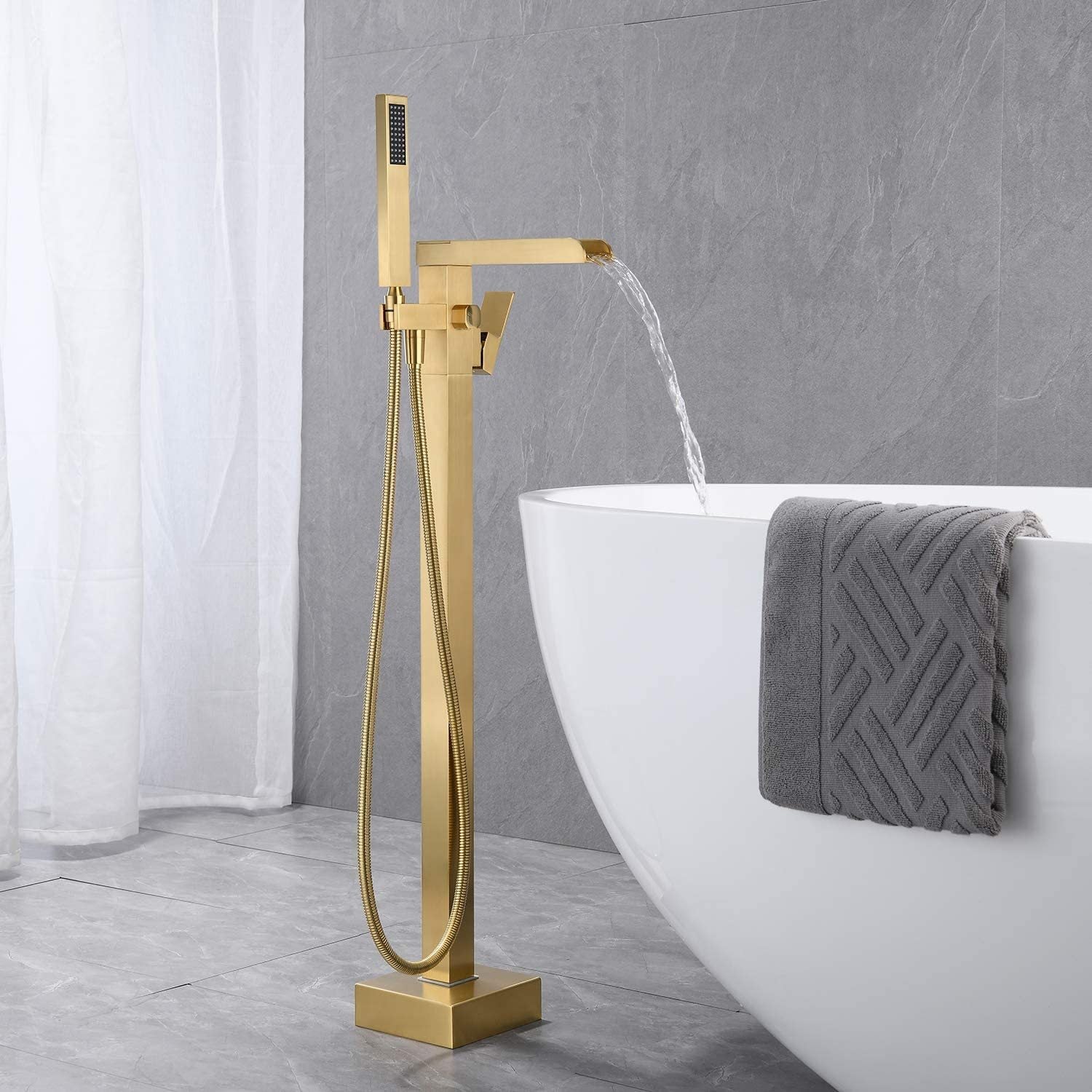 Bathroom Freestanding Waterfall Tub Filler Brushed Gold Floor Mount Faucet With Hand Shower Brushed Gold Stainless Steel