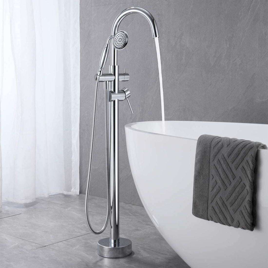 Freestanding Tub Filler Bathtub Faucet Chrome With Hand Held Shower Floor Mount Chrome Brass