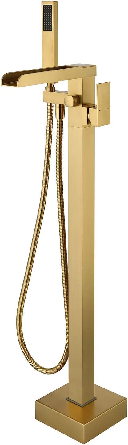 Bathroom Freestanding Waterfall Tub Filler Brushed Gold Floor Mount Faucet With Hand Shower Brushed Gold Stainless Steel