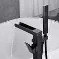 Bathroom Freestanding Waterfall Tub Filler Matte Black Floor Mount Faucet With Hand Shower Matte Black Stainless Steel