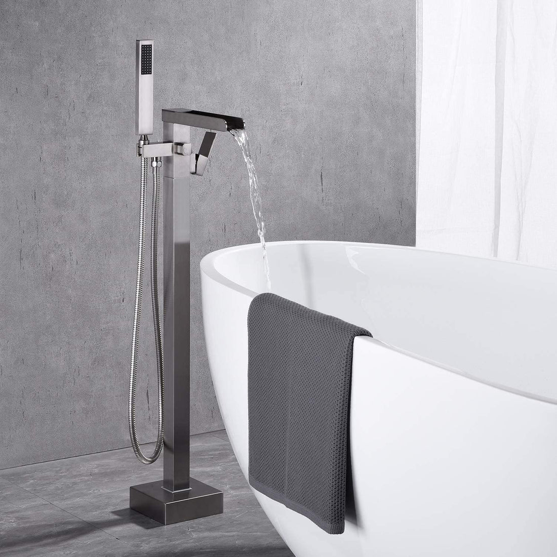 Bathroom Freestanding Waterfall Tub Filler Brushed Nickel Floor Mount Faucet With Hand Shower Brushed Nickel Stainless Steel