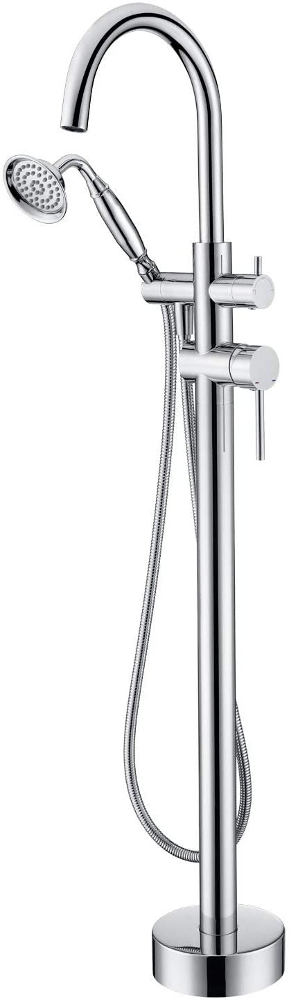 Freestanding Tub Filler Bathtub Faucet Chrome With Hand Held Shower Floor Mount Chrome Brass