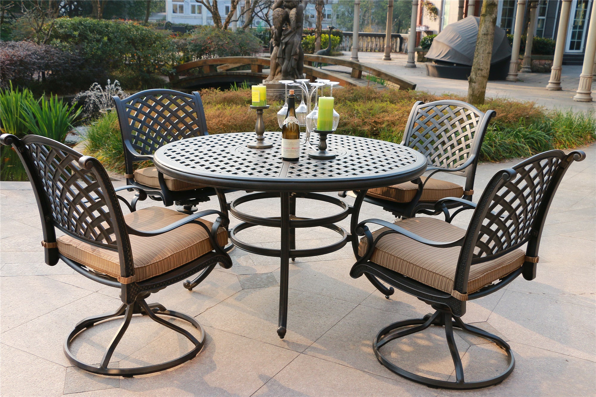 Round 4 Person 51.97" Long Powder Coated Aluminum Dining Set With Cushions Antique Brown Polyester Aluminum