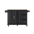 Kitchen Island & Kitchen Cart, Mobile Kitehcn Island With Extensible Rubber Wood Table Top,Adjustable Shelf Inside Cabinet For Different Utensils, 3 Big Drawers, With Spice Rack, Towel Rack, Black Bee Black Mdf