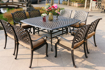 Square 8 Person 63.98" Long Dining Set With Dupione Brown Cushions Antique Brown Polyester Aluminum