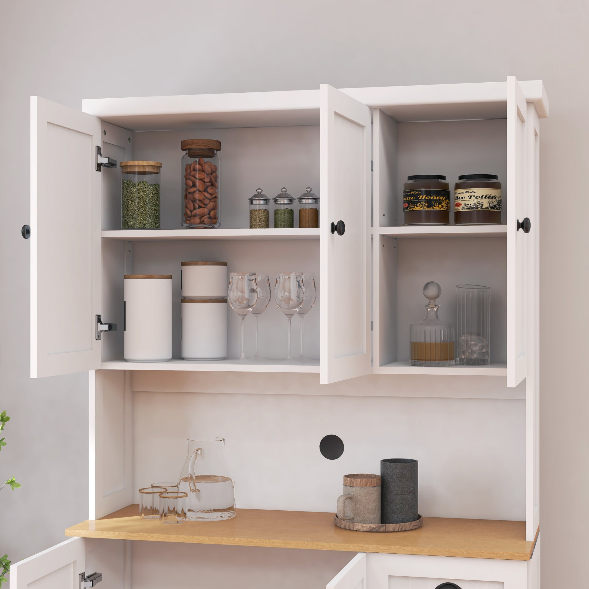 71" Kitchen Pantry Storage Cabinet With Microwave Oven Countertop, Freestanding Hutch Cabinet With Adjustable Shelves, 6 Doors And 1 Drawer White White Mdf