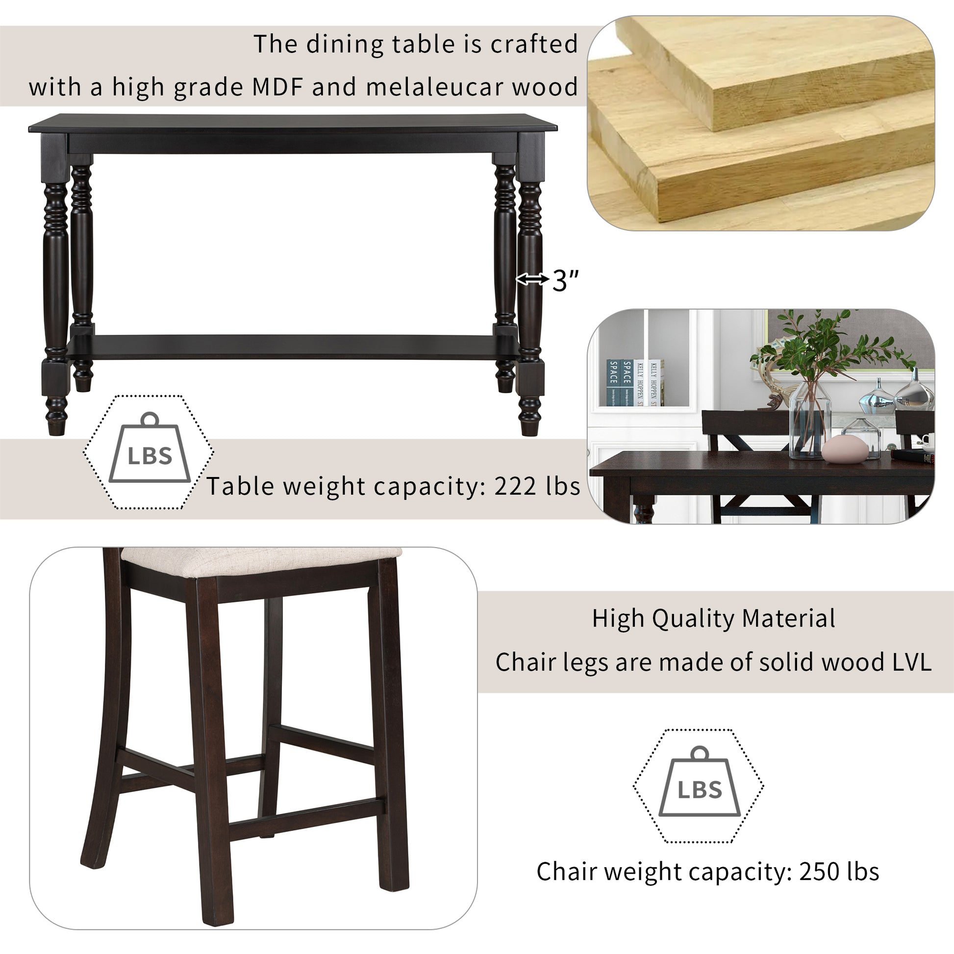 6 Piece Counter Height Dining Table Set Table With Shelf 4 Chairs And Bench For Dining Room Espresso Espresso Solid Wood