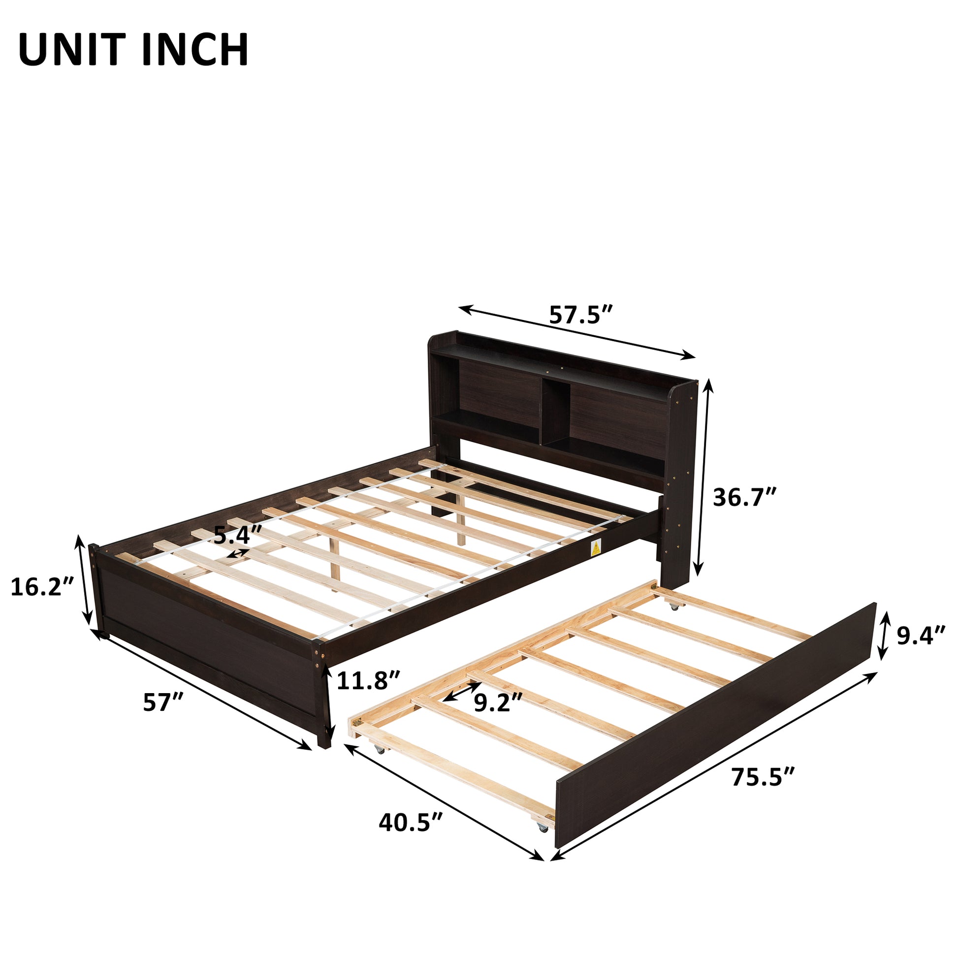 Full Bed With Trundle,Bookcase,Espresso Full Espresso Pine