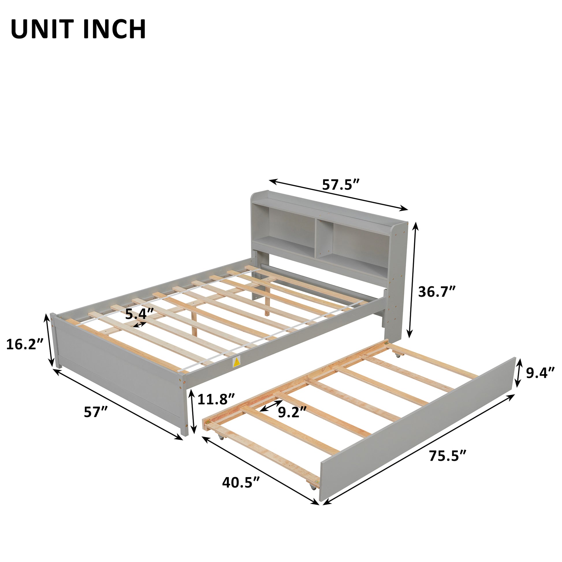 Full Bed With Trundle,Bookcase,Grey Grey Pine