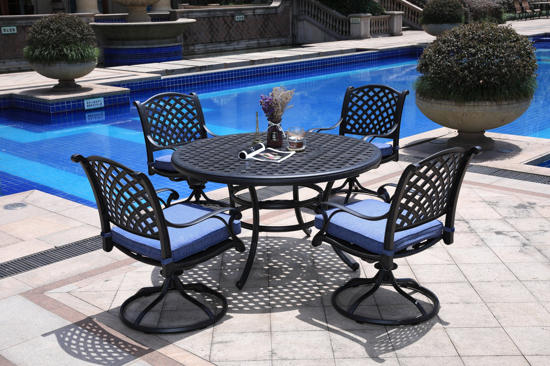 Round 4 Person 51.97" Long Powder Coated Aluminum Dining Set With Navy Blue Cushions Antique Navy Blue Polyester Aluminum