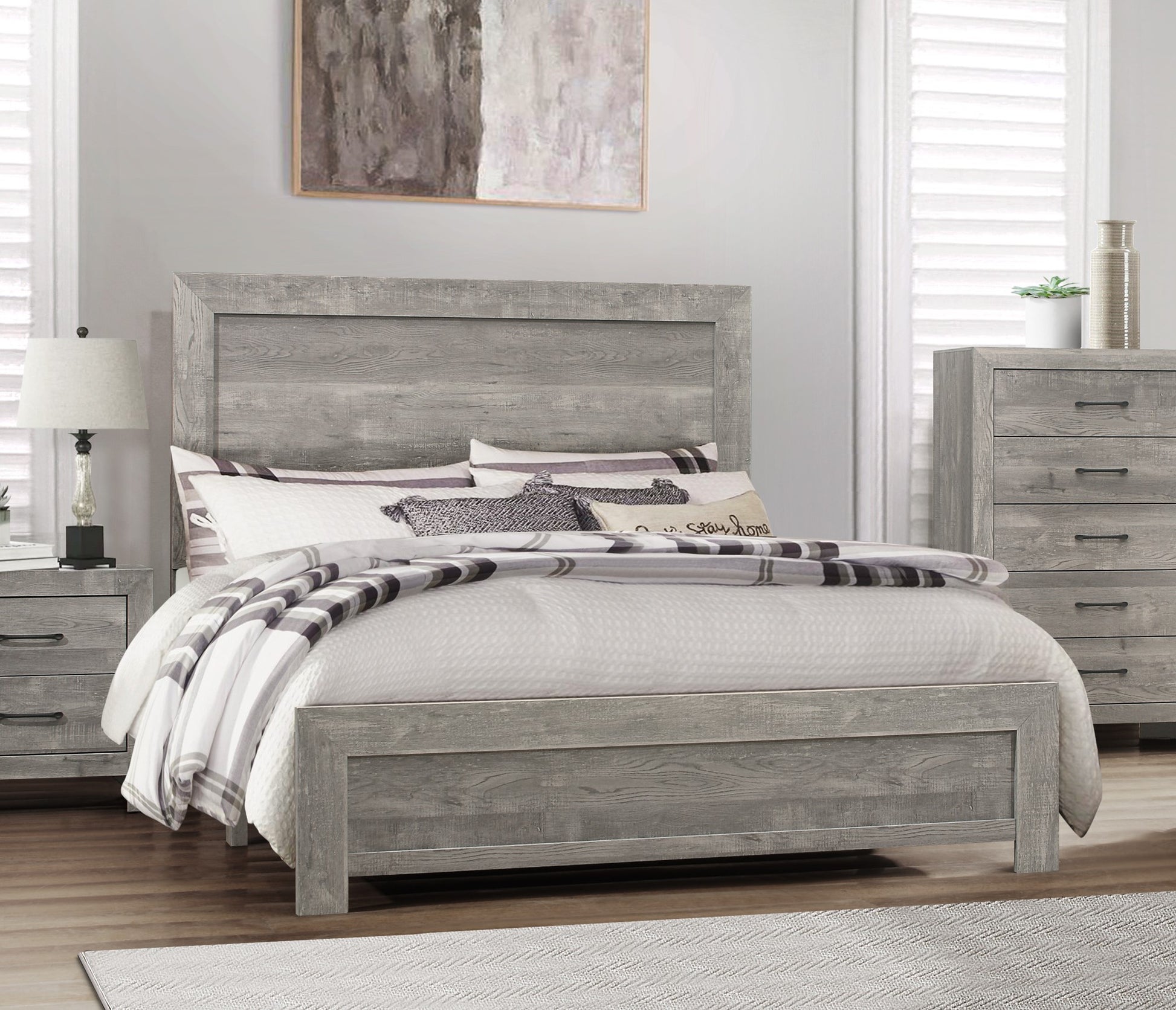 Rustic Gray Finish Full Size Panel Bed Wooden Bedroom Furniture 1Pc, Bed In A Box Box Spring Required Full Gray Bedroom Bed Frame Wood