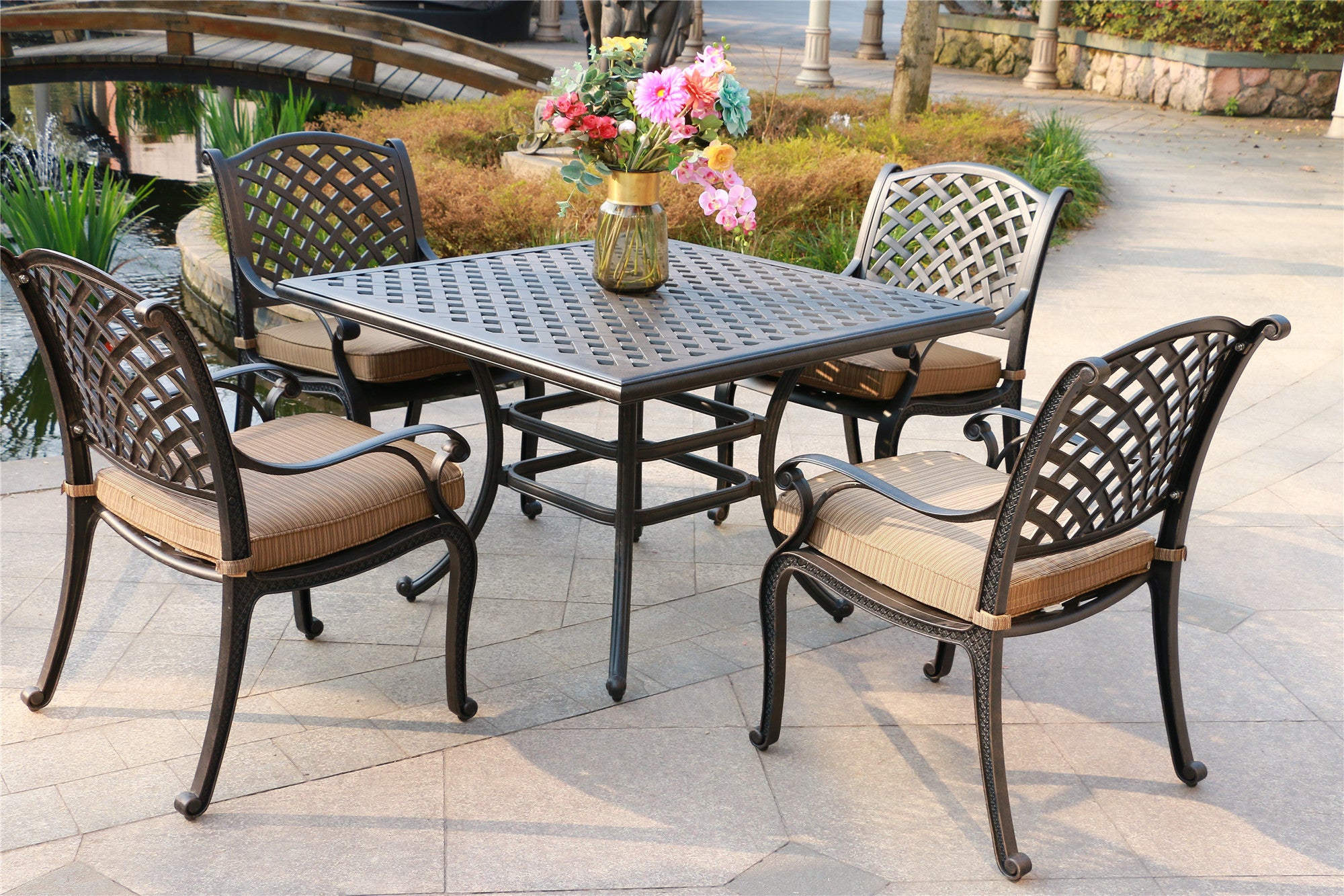 Square 4 Person 43.19" Long Aluminum Dining Set With Dupione Brown Cushions Antique Brown Polyester Aluminum