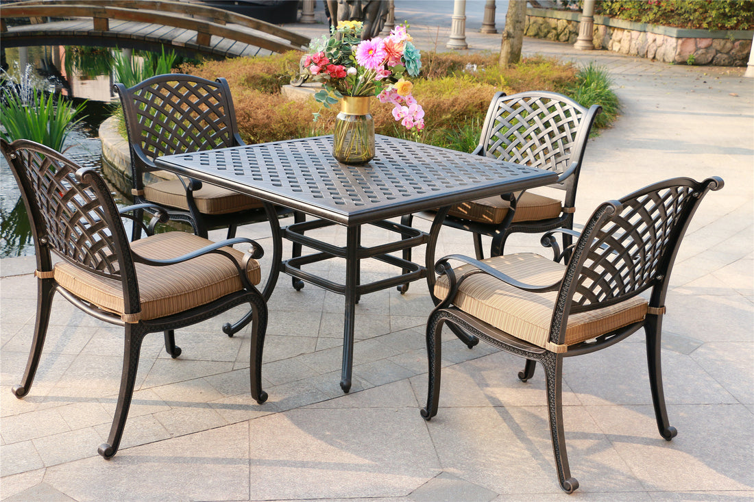 Square 4 Person 43.19" Long Aluminum Dining Set With Dupione Brown Cushions Antique Brown Polyester Aluminum