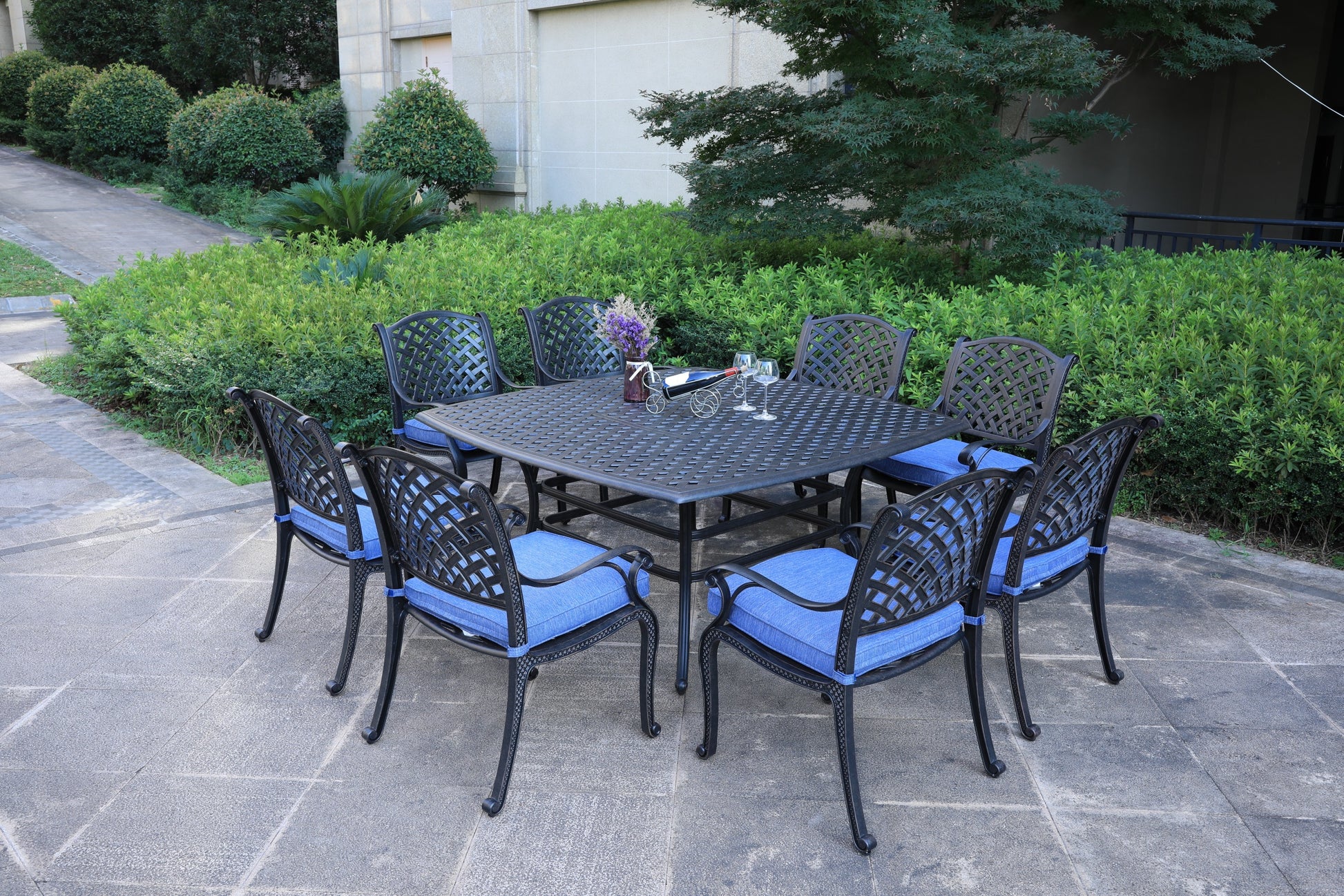 Square 8 Person 63.98" Long Dining Set With Navy Blue Cushions Antique Navy Blue Polyester Aluminum