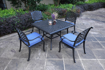 Square 4 Person 43.19" Long Aluminum Dining Set With Navy Blue Cushions Antique Navy Blue Polyester Aluminum