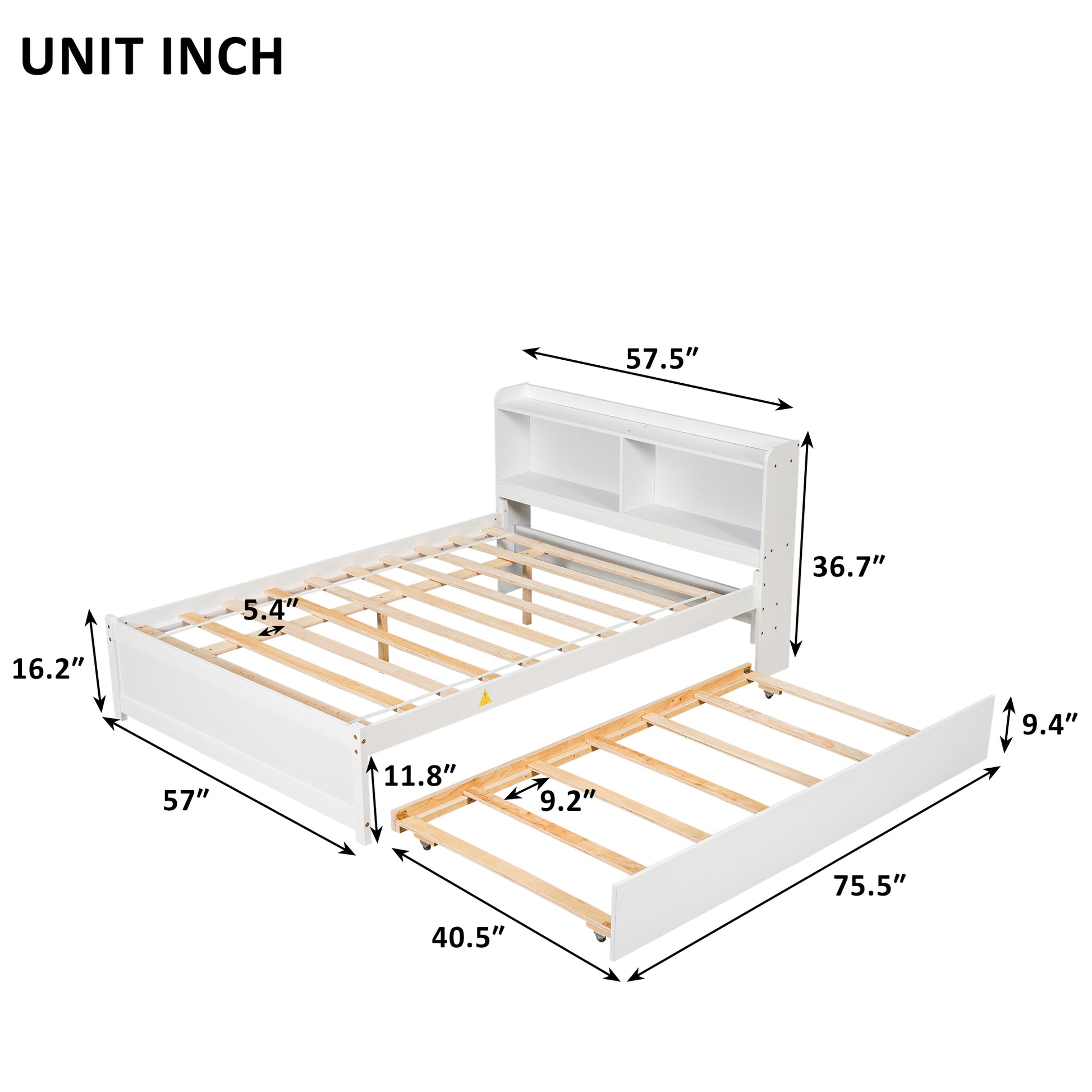 Full Bed With Trundle,Bookcase,White Full White Pine