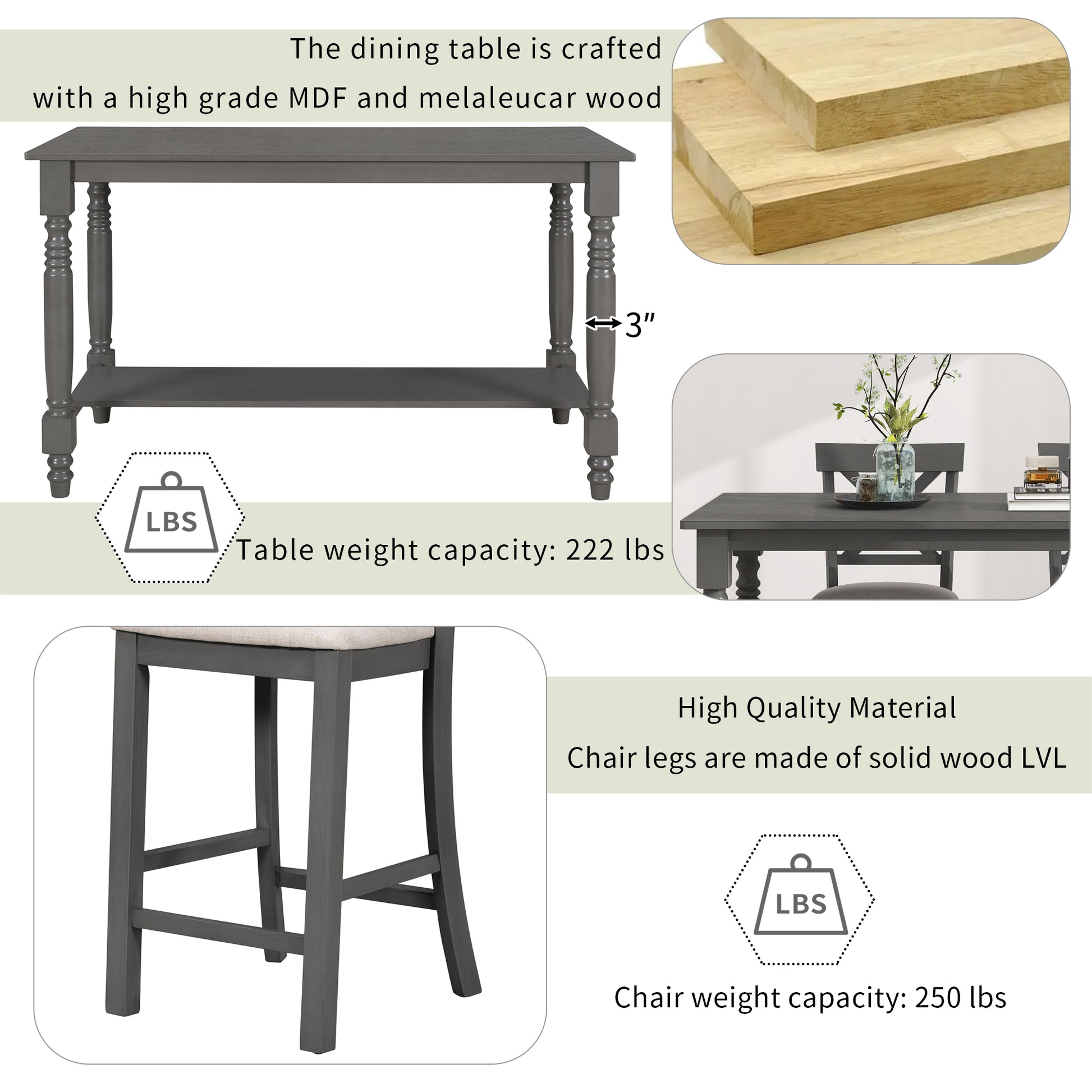 6 Piece Counter Height Dining Table Set Table With Shelf 4 Chairs And Bench For Dining Room Gray Gray Solid Wood