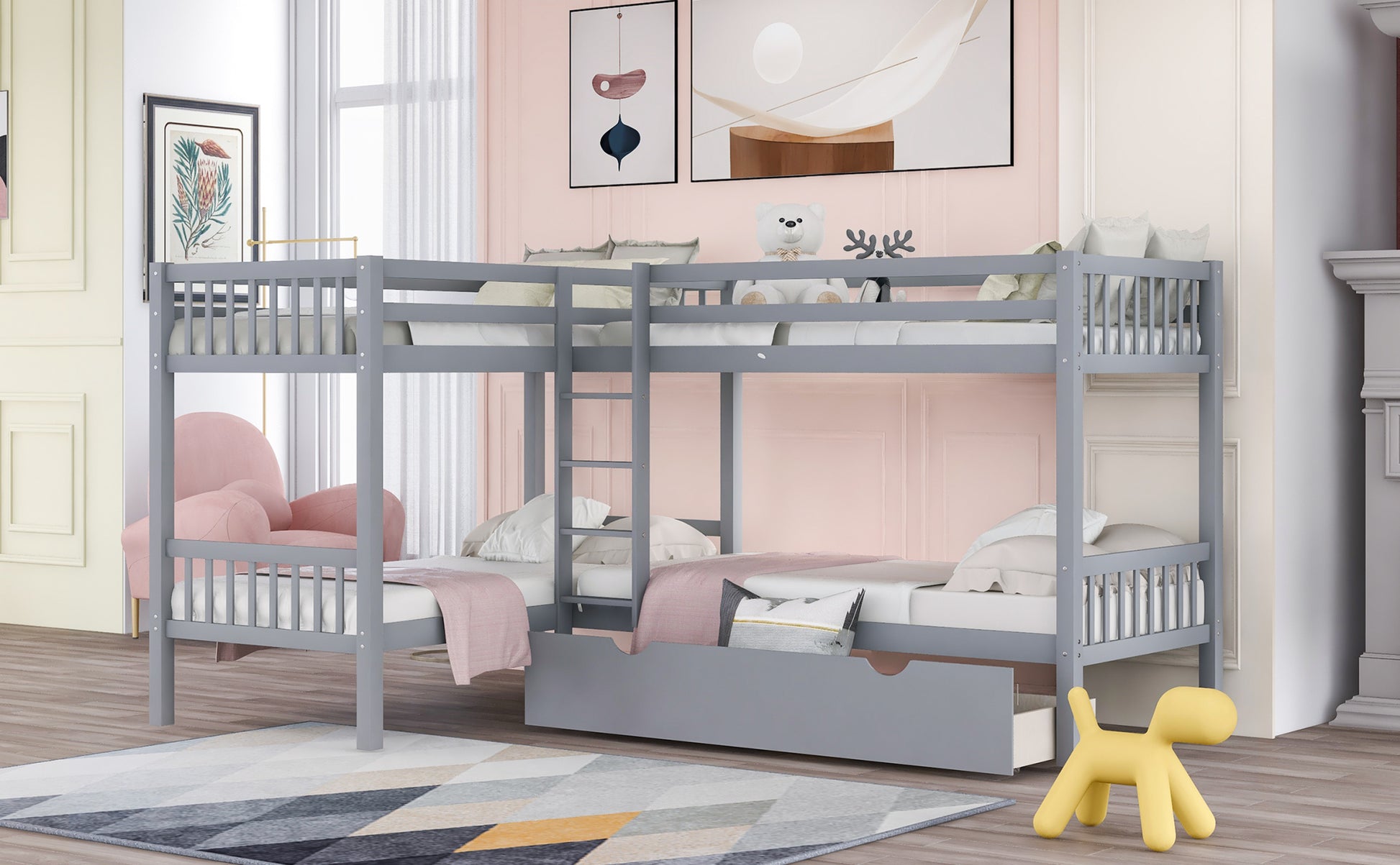 Twin L Shaped Bunk Bed With Drawers Gray Old Sku :Lp000038Aae Gray Solid Wood